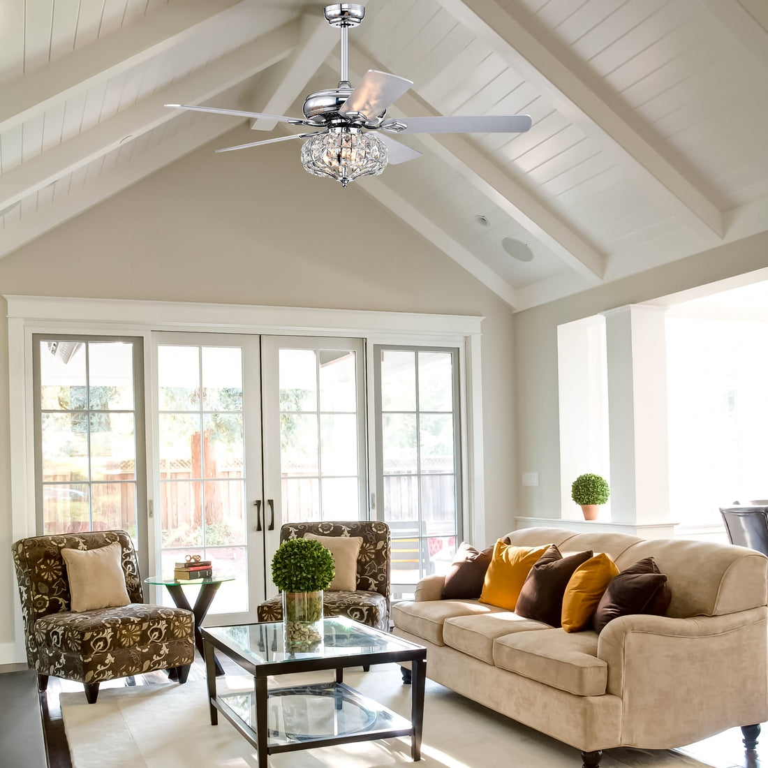 52'' Crystal Shade Ceiling Fan Lamp With Remote Control 3 Speed High, Mid, Low 5 Reversible Blades For Living Room, Dining Room, Bedroom, Family Room, Chrome ,3Pcs*E26 No Include Bulb Chrome American Traditional,Antique,Classic,Contemporary Crystal Metal
