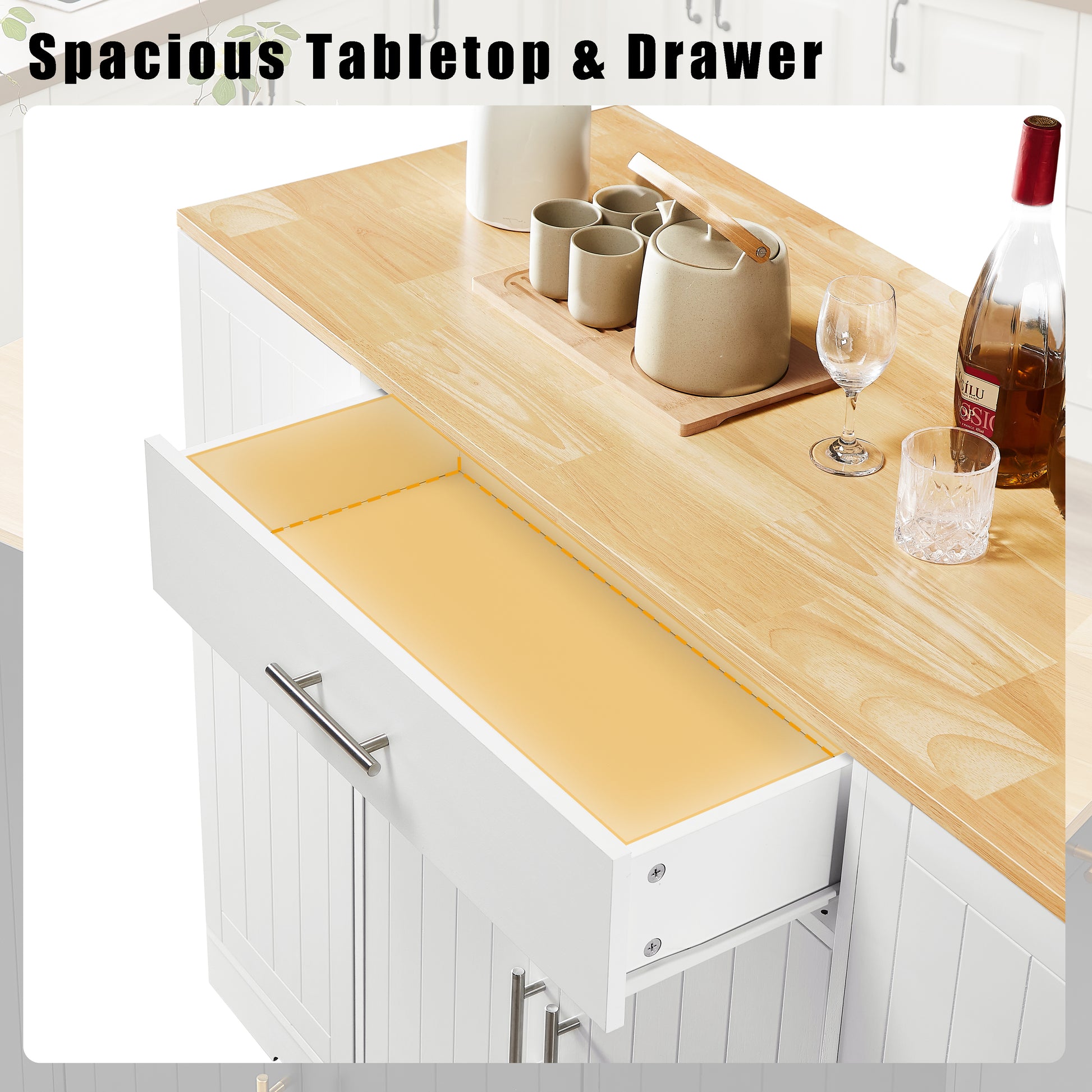 53 Inch Large Kitchen Island With Trash Can Storage Cabinet, Islands Table With Drawer And Adjustable Shelves, Breakfast Bar Cabinet For 13 Gallon Garbage Bin, White & Oak White Particle Board