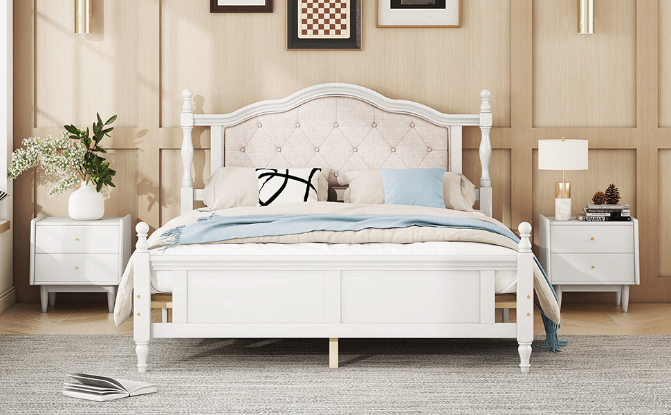 Queen Pine Wooden Bed With Upholstered Headboard And Panel Footboard, With Two Bed Rail Support Feet And Central Platform Support Feet ,White Queen White Pine