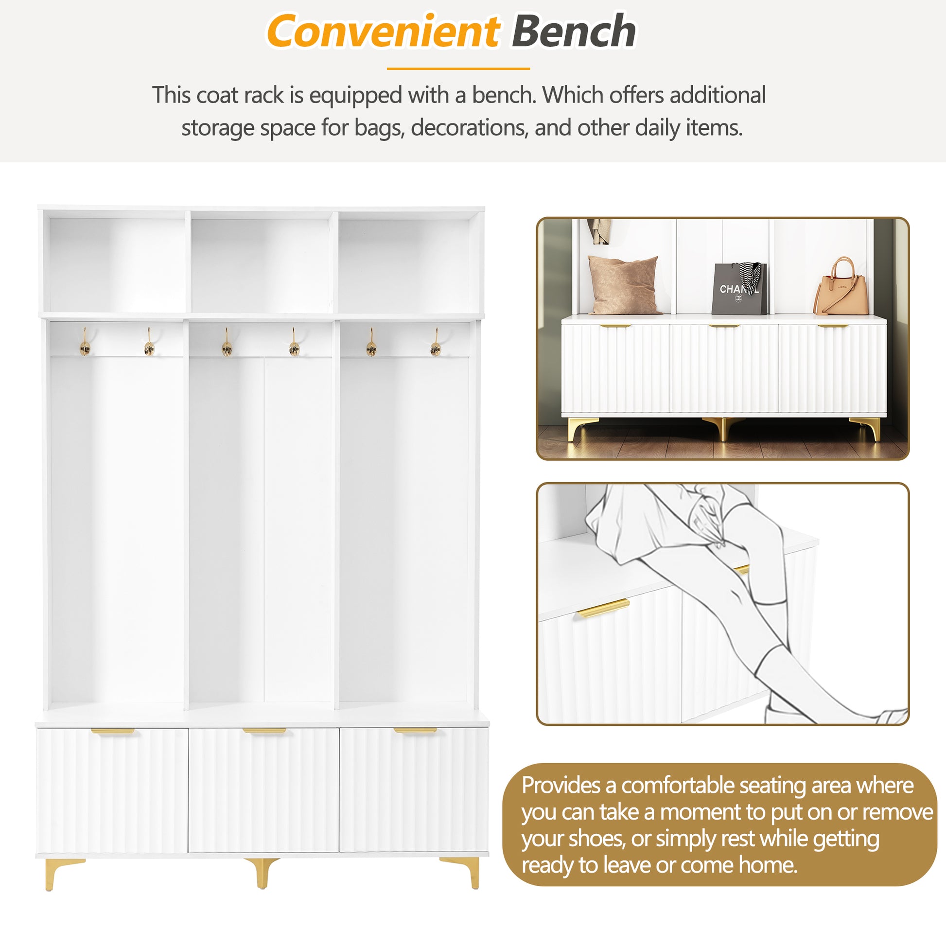 Modern Large Storage Hall Tree With Bench, Multi Functional Storage Bench With High Gloss Fluted Doors, Luxurious Coat Rack With 6 Gold Hooks And Legs For Entryway, Living Room, White White Gold Particle Board