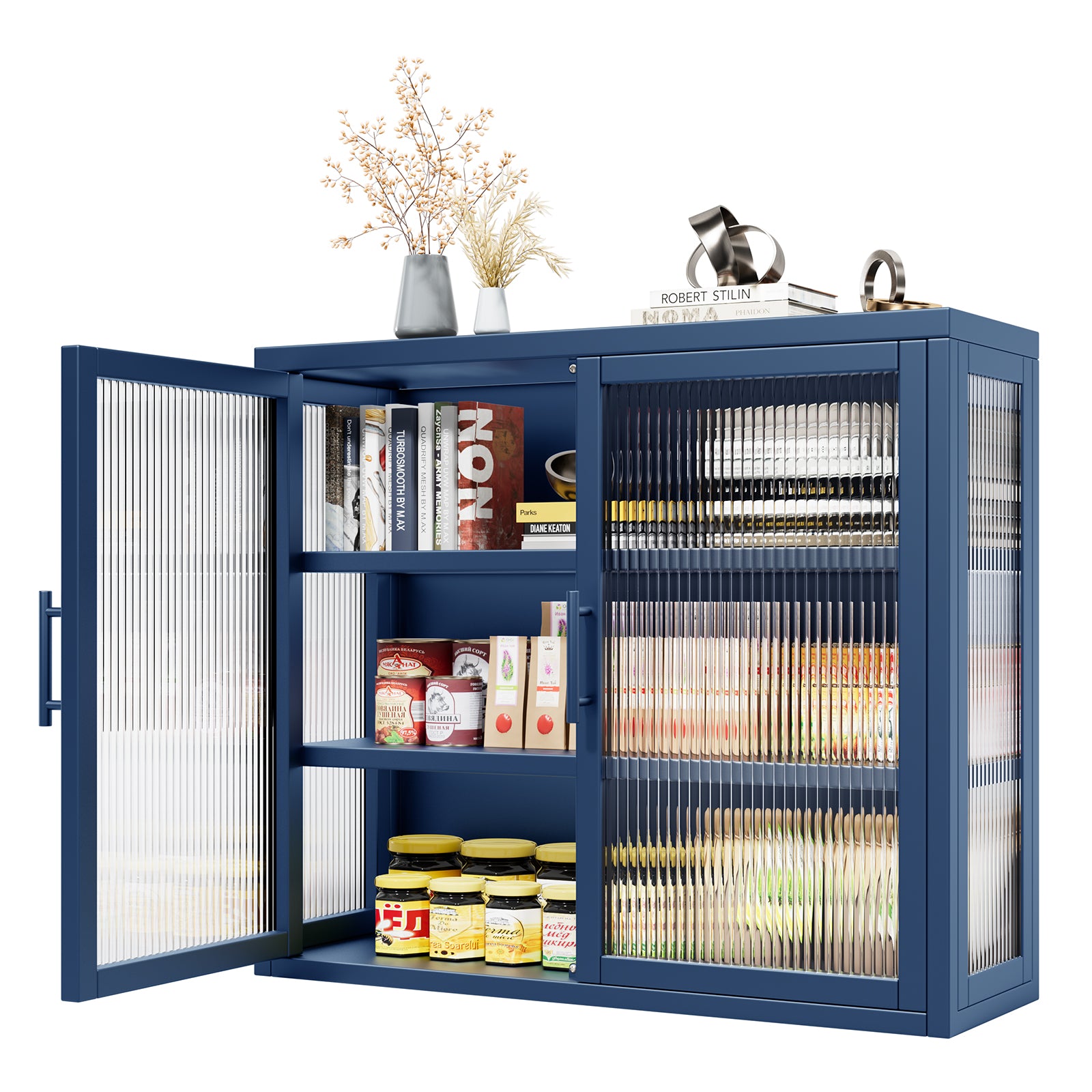 Retro Style Haze Double Glass Door Wall Cabinet With Detachable Shelves For Office, Dining Room,Living Room, Kitchen And Bathroom Blue Color Blue Tempered Glass Sheet Metal Plastic