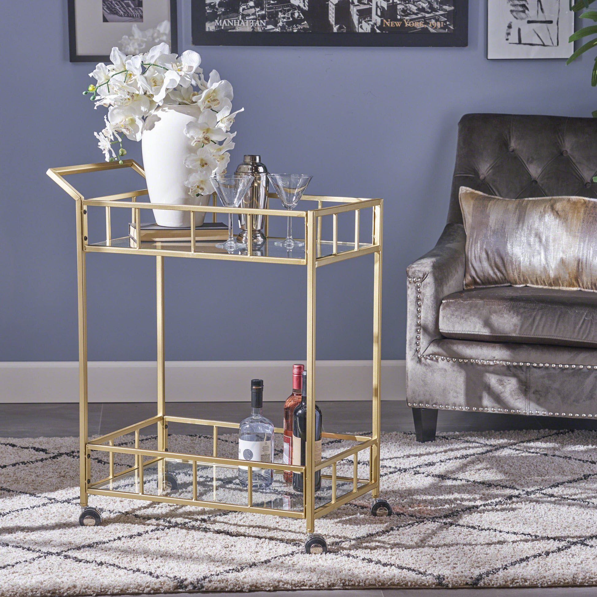 Bar Cart Gold Glass Metal