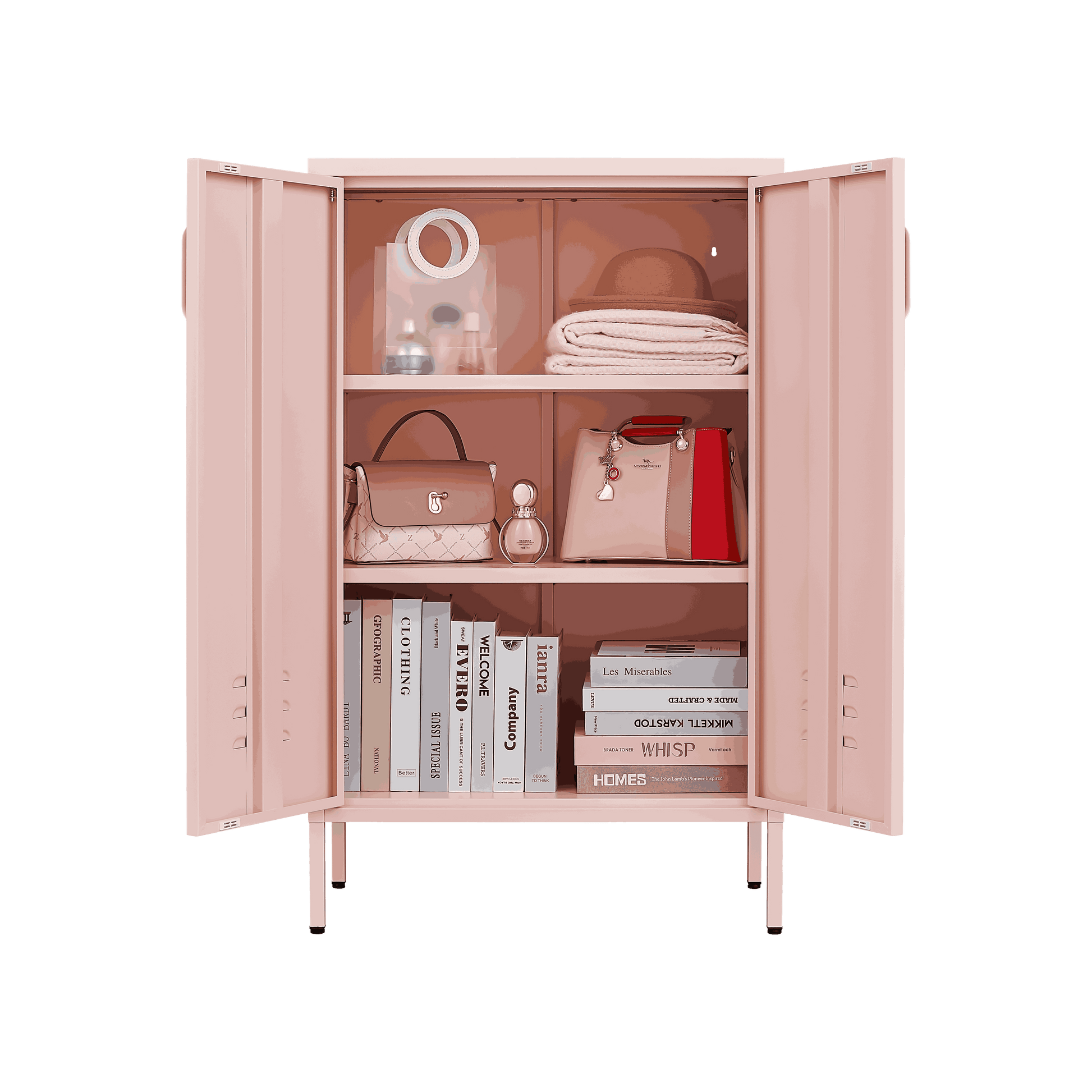 Pink Steel Double Door Cabinet With Handles, With Removable Dividers And Adjustable Height. Suitable For Living Room, Office, Bedroom, Study And Other Places. 3 4 Shelves Pink Metal