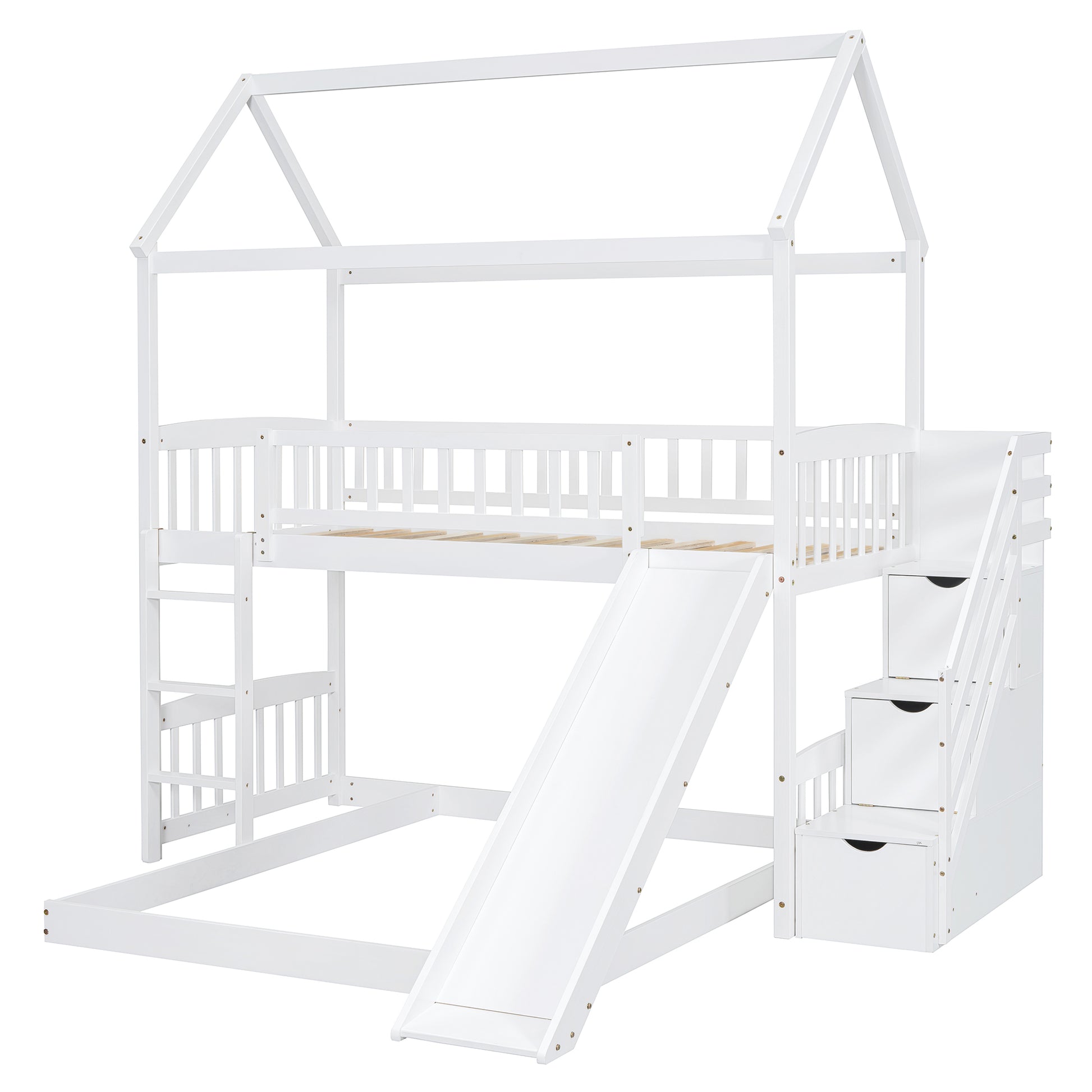 Twin Over Twin Bunk Bed With Two Drawers And Slide, House Bed With Slide, White Old Sku :Lt000129Aak White Pine