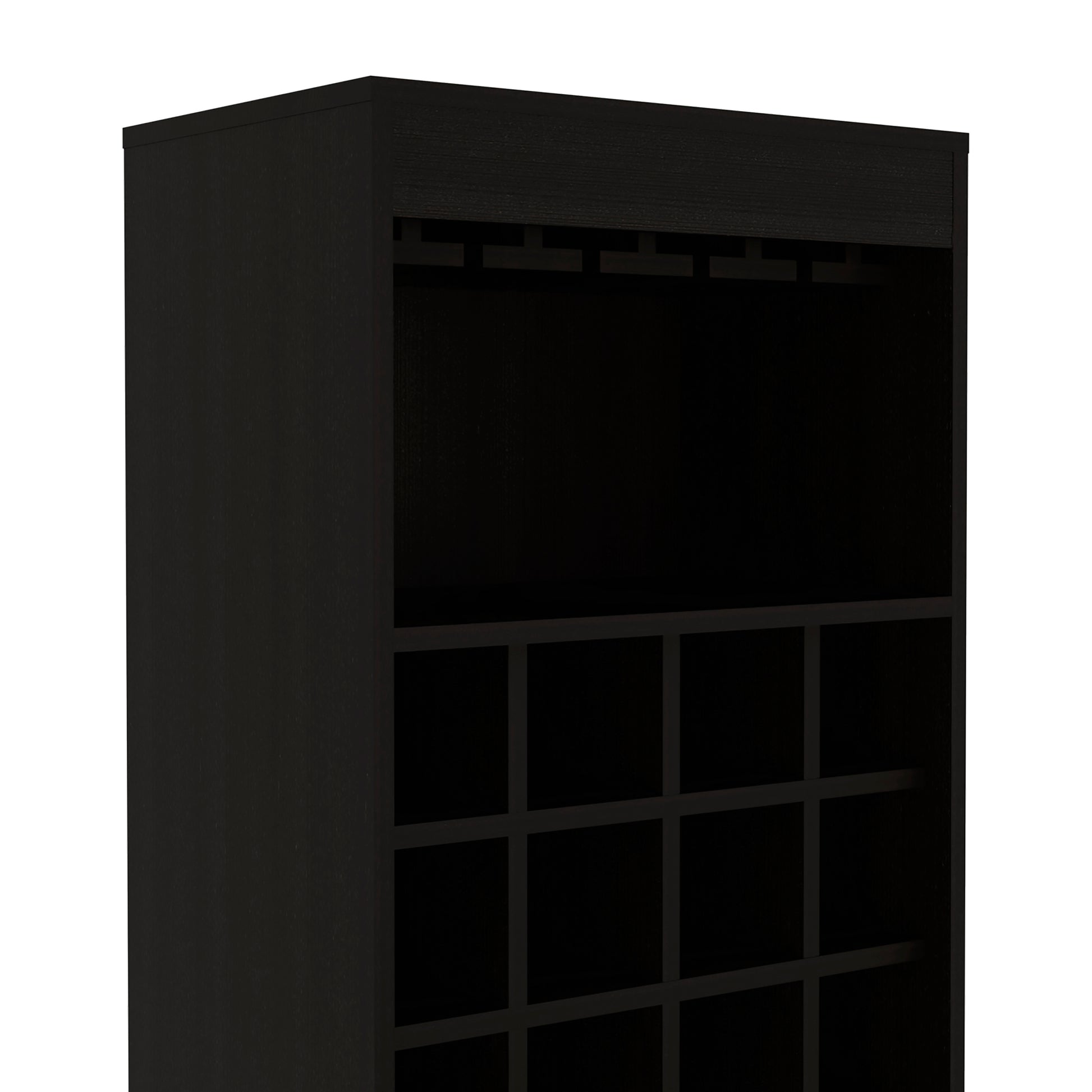 Kava Bar Cabinet, Concealable Serving Tray, Sixteen Built In Wine Rack, One Shelf, Double Door Black Black Particle Board