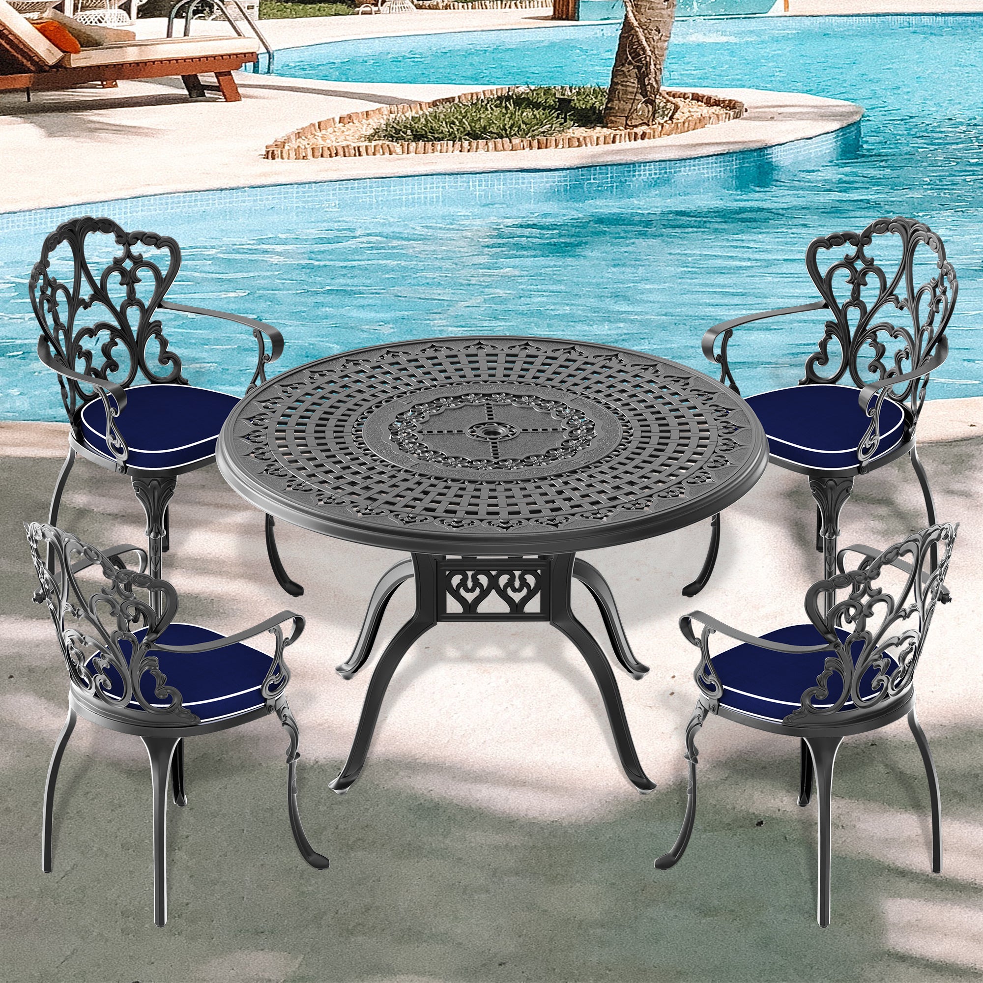 Cushions In Random Colors 5 Piece Set Of Cast Aluminum Patio Furniture With Cushions Yes Dining Set Black Seats 4 Rust Resistant Frame Water Resistant Cushion Garden & Outdoor Complete Patio Sets Aluminium