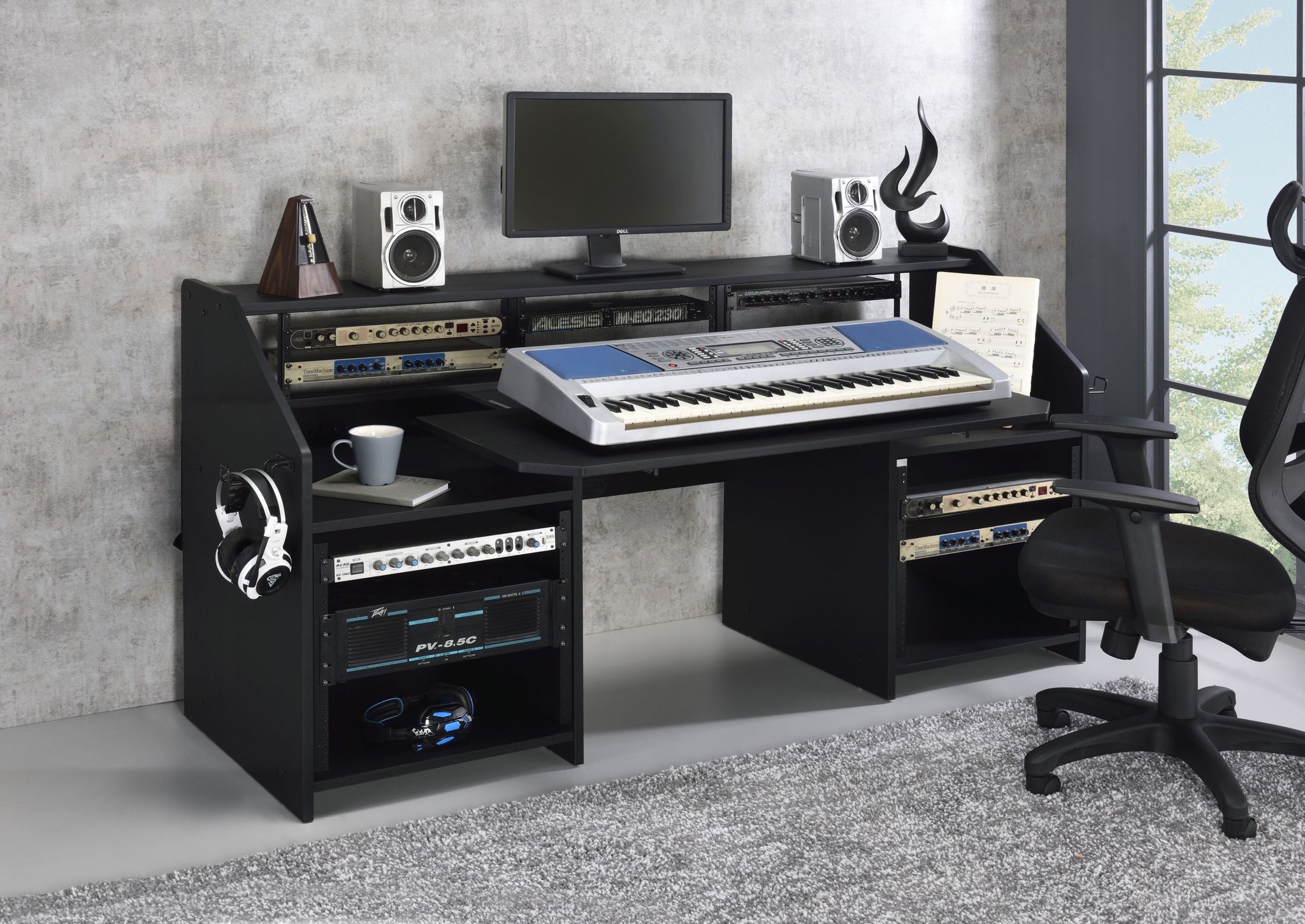 Black Music Desk With Earphone Rack Black Keyboard Tray Computer Desk Office Freestanding Rectangular Shelves Wood Metal Sled