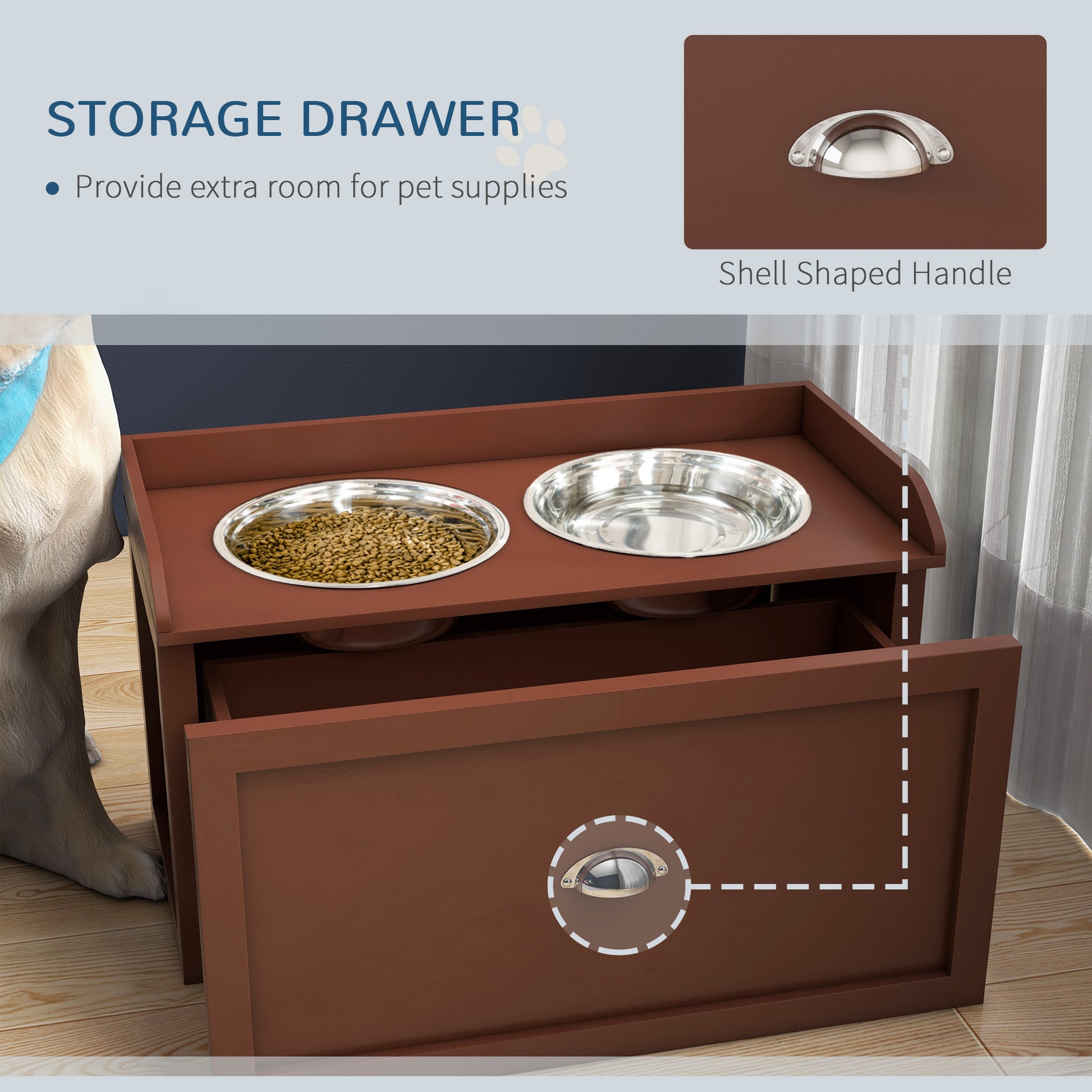 Pawhut Dog Feeding Station With Storage Drawer, Dog Food Storage Cabinet With 2 Removable Elevated Dog Bowls For Large Sized Dogs, Brown Brown Stainless Steel