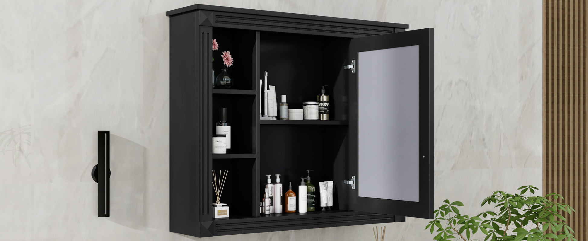 35'' X 28'' Wall Mounted Bathroom Storage Cabinet, Medicine Cabinet, Modern Bathroom Wall Cabinet With Mirror, Mirror Cabinet With 6 Open Shelves Not Include Bathroom Vanity Black 1 Mirror Included