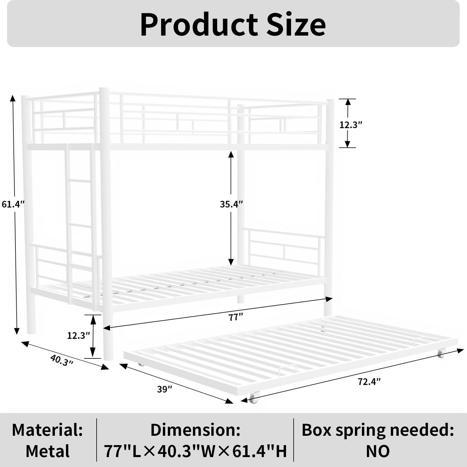 Heavy Duty Sturdy Meta Twin Over Twin With Trundle Bunk Bed L Noise Reduced Safety Guardrail No Box Spring Needed,White Box Spring Not Required Twin White Metal