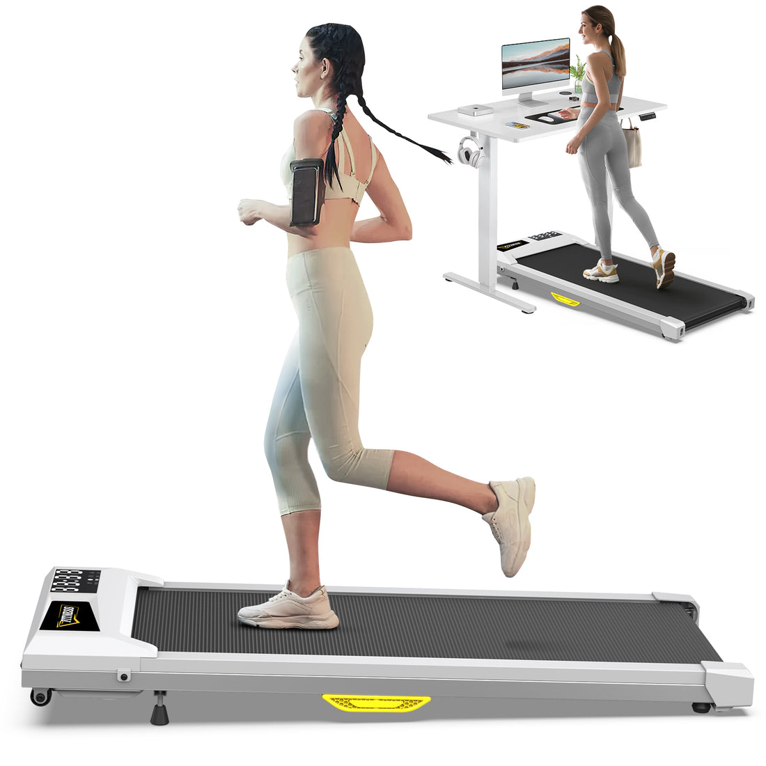 Under Desk Treadmill With Incline, Walking Pad For Home Office, Portable Walking Treadmill 2.5Hp, Walking Jogging Machine With 265 Lbs Weight Capacity App Remote Control Led Display White Gray Anti