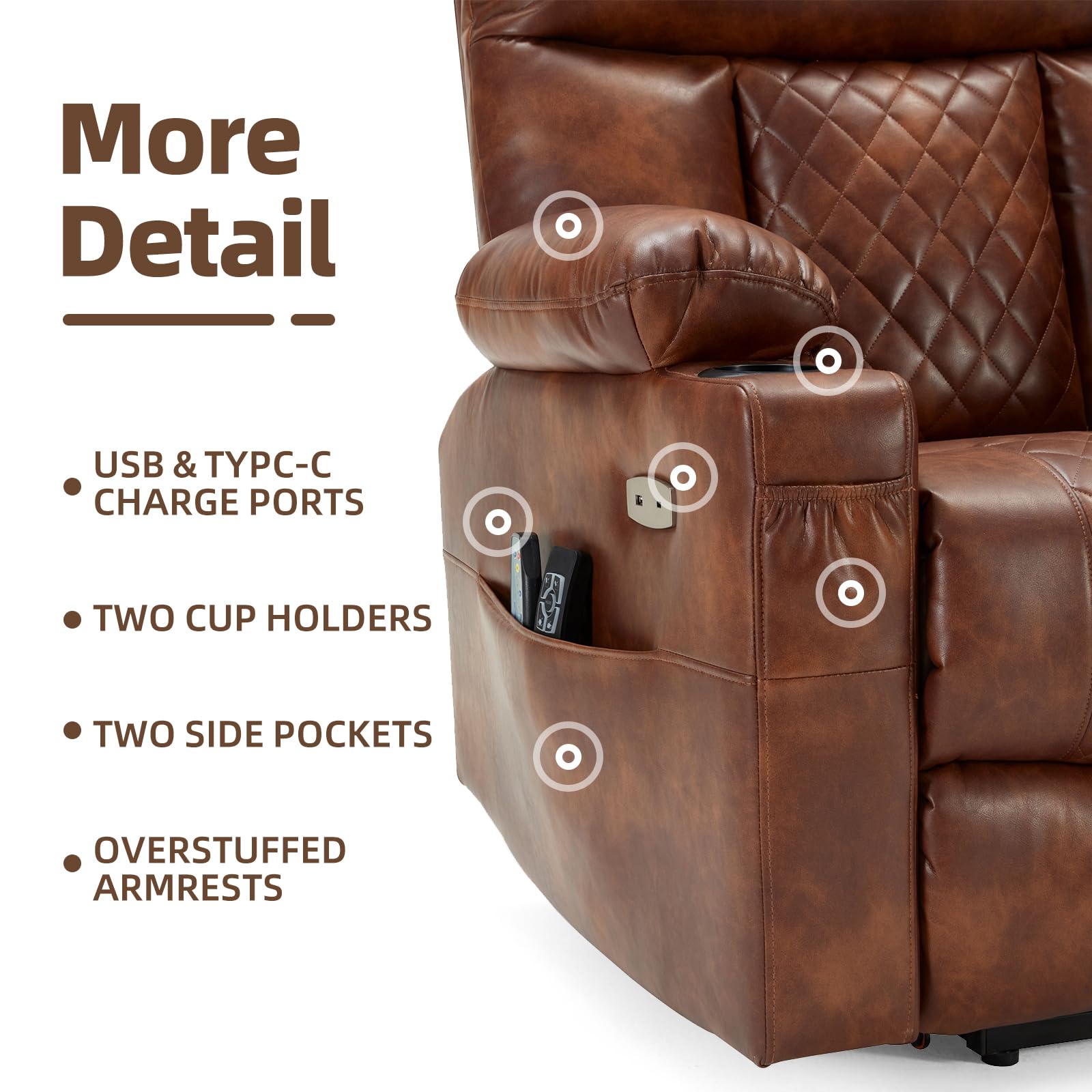 Lift Chairs Recliner For Elderly Heat And Massage Chair Recliner Electric Power Recliner With Cup Holder Extended Footrest Usb & Type C Ports, Brown Light Brown Wood Primary Living Space Heavy Duty