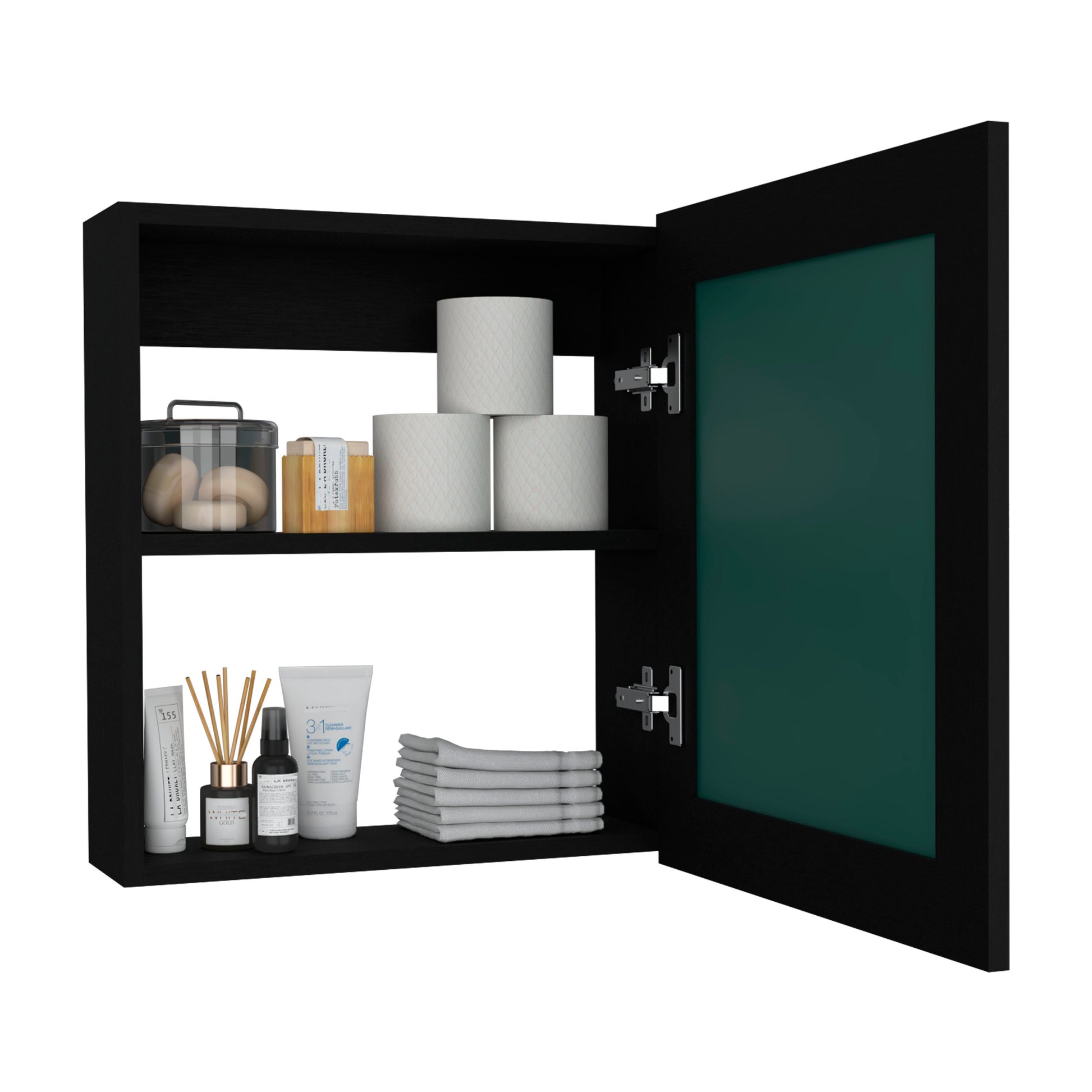 Luma Medicine Cabinet With Mirror Door 20.5" High Cabinet Organizer With Two Interior Shelves For Bathroom, Kitchen, Mudroom Black 1 2 Bathroom Freestanding Modern Particle Board