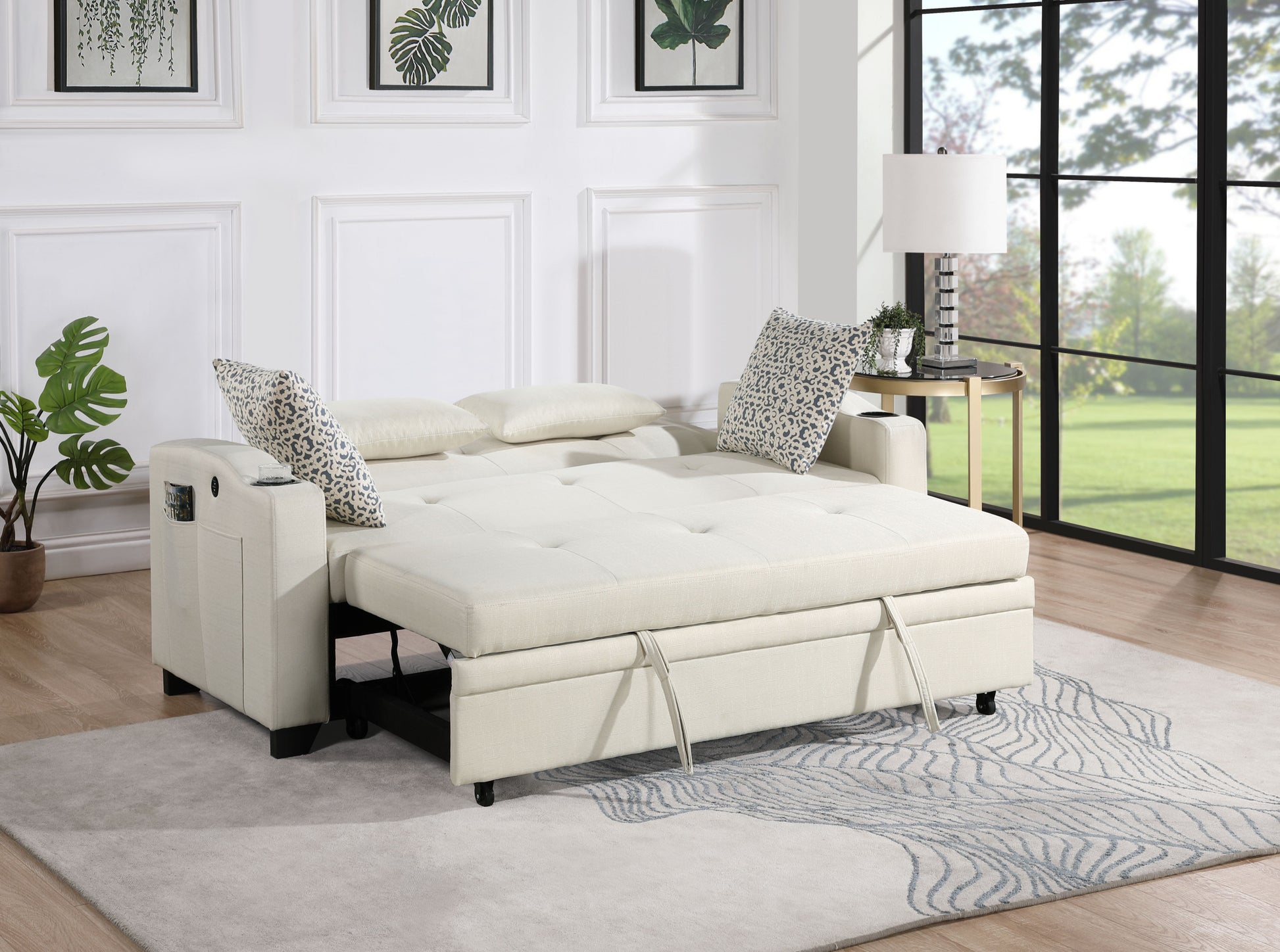 Bennett 71"W Beige Fabric Convertible Sleeper Loveseat With Usb Charger And Cupholders Beige Fabric