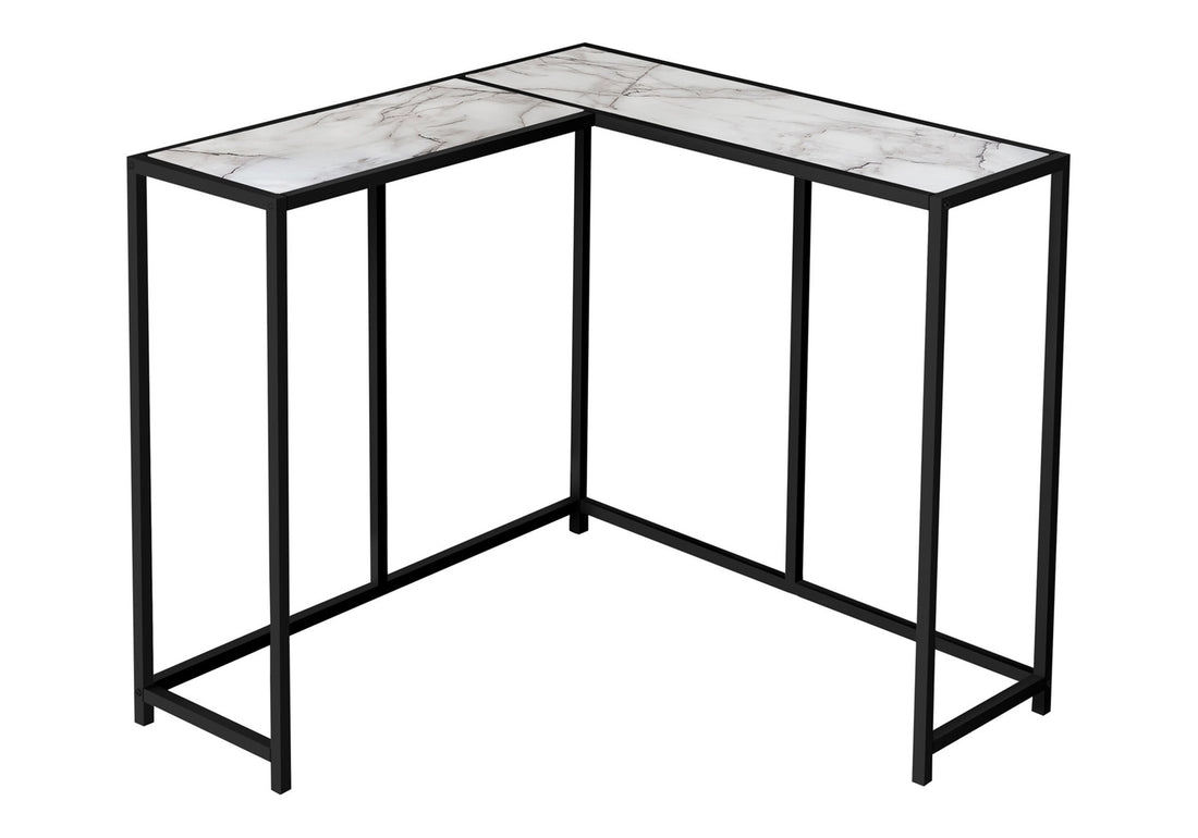 Accent Table, Console, Entryway, Narrow, Corner, Living Room, Bedroom, White Marble Look Laminate, Black Metal, Contemporary, Modern White Particle Board