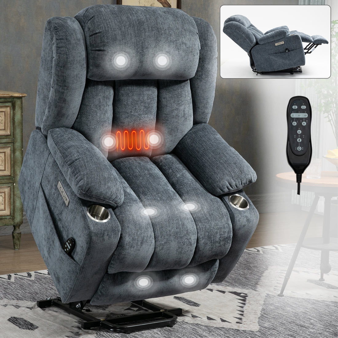 Up To 350 Lbs Chenille Power Lift Recliner Chair, Heavy Duty Motion Mechanism With 8 Point Vibration Massage And Lumbar Heating, Usb And Type C Ports, Stainless Steel Cup Holders, Blue White Metal Primary Living Space Heavy Duty Pine Blue Chenille Power