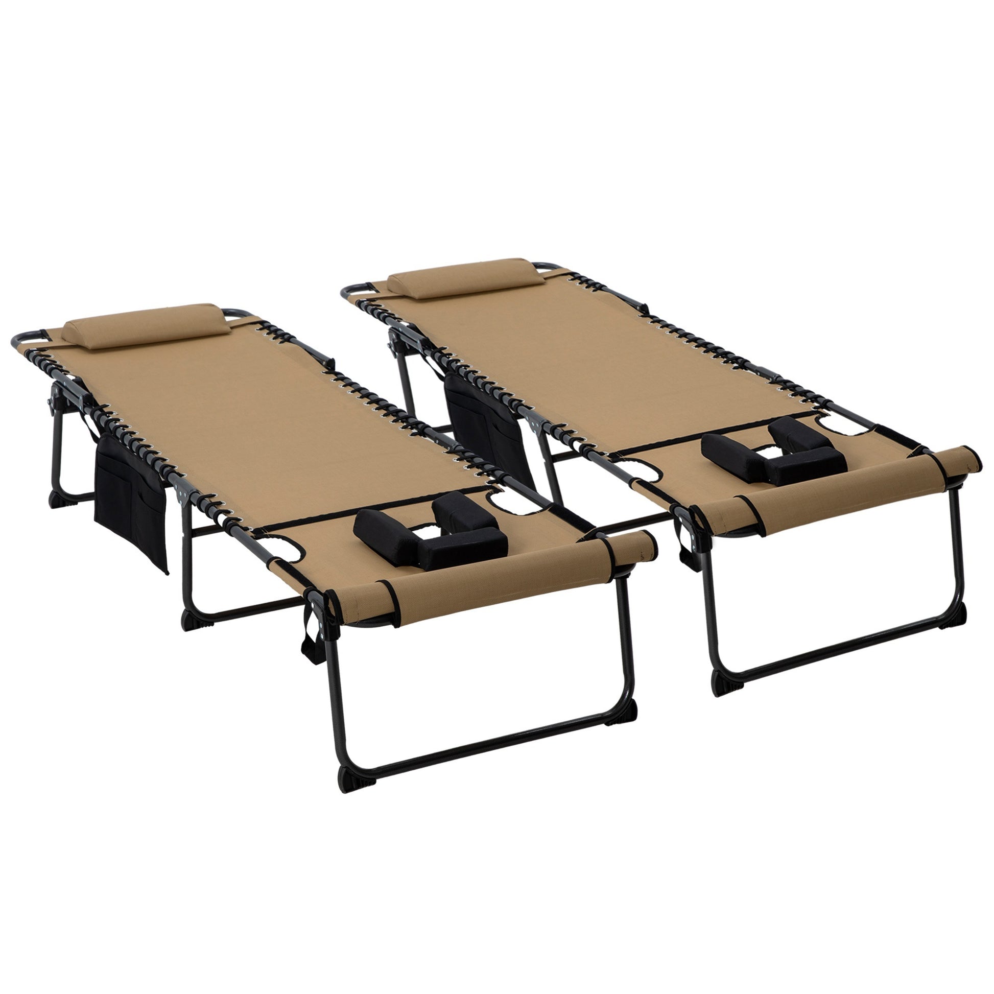 Outsunny 2 Piece Folding Chaise Lounge With 5 Level Reclining Back, Outdoor Tanning Chair With Reading Face Hole, Outdoor Lounge Chair With Side Pocket & Headrest For Beach, Yard, Patio, Beige Beige Steel