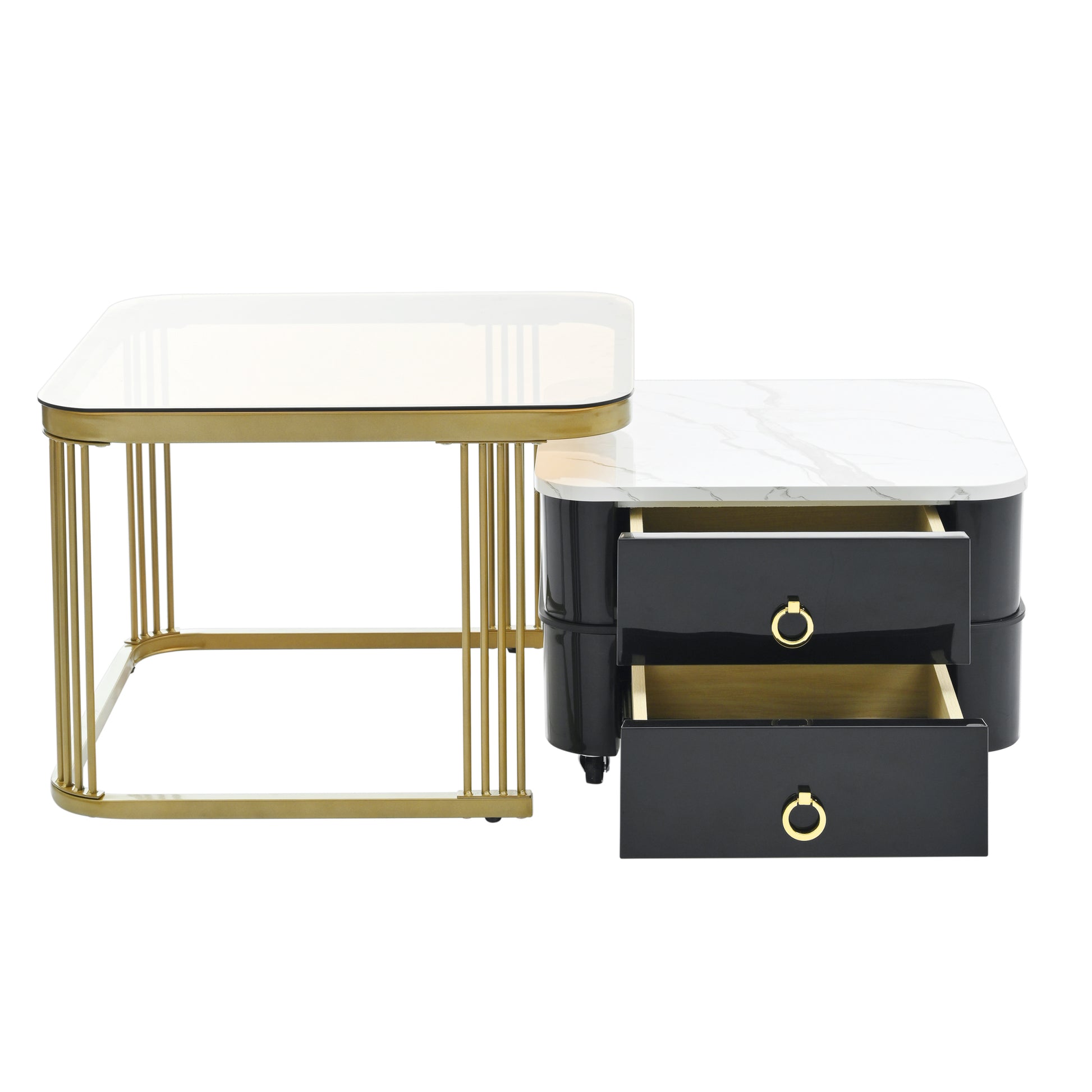 2 In 1 Square Nesting Coffee Table With Wheels & Drawers, Stackable Side Table With High Gloss Marble Grain Top, End Table Set With Brown Tempered Glass For Living Room, Black Black Gold Primary Living Space Drawers Square Mdf Steel