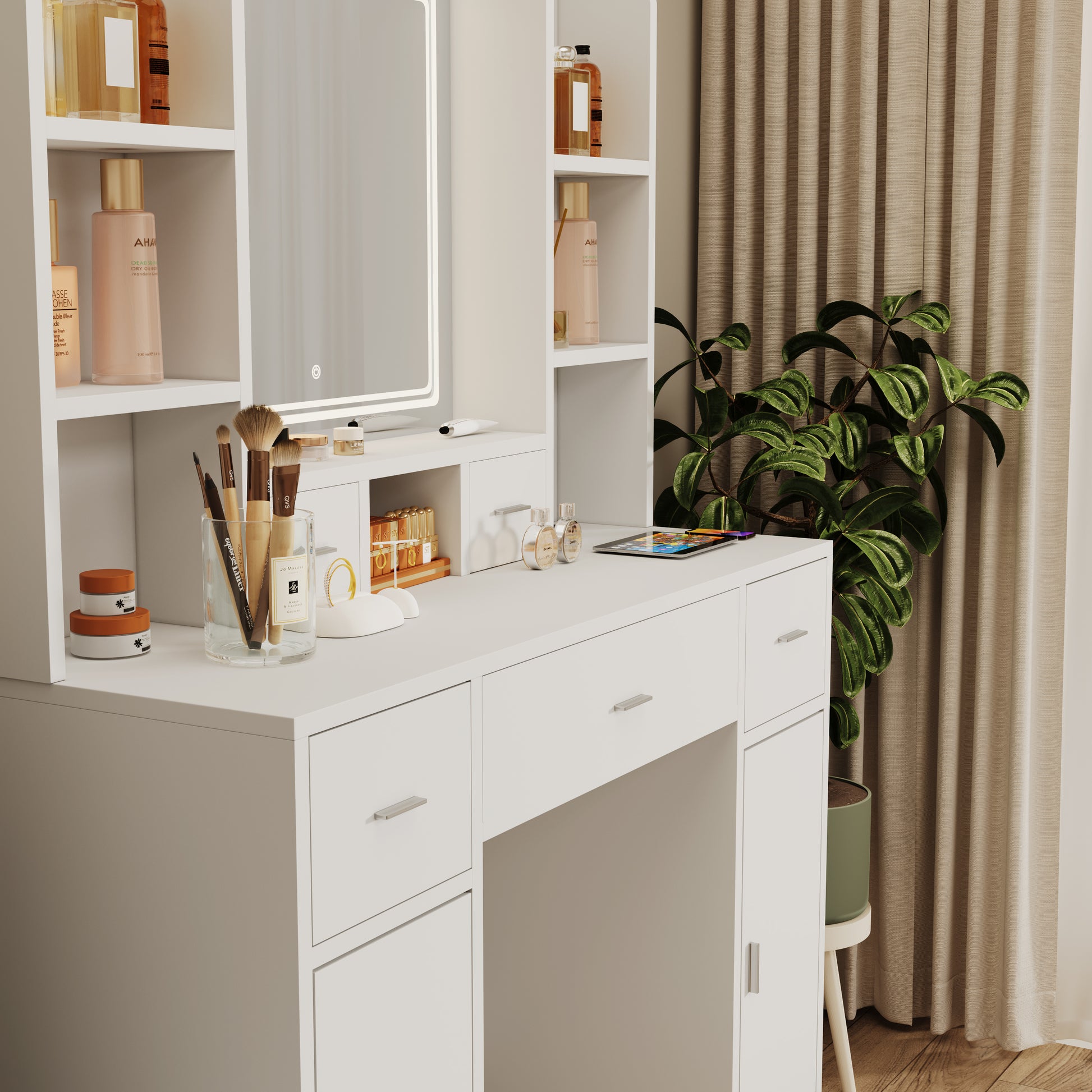 The White Vanity With Led Mirror Is Equipped With A Hair Dryer Rack, And The Vanity In The Bedroom And Dressing Room Is Equipped With A Dressing Pad White 5 Drawers & Above Bedroom American