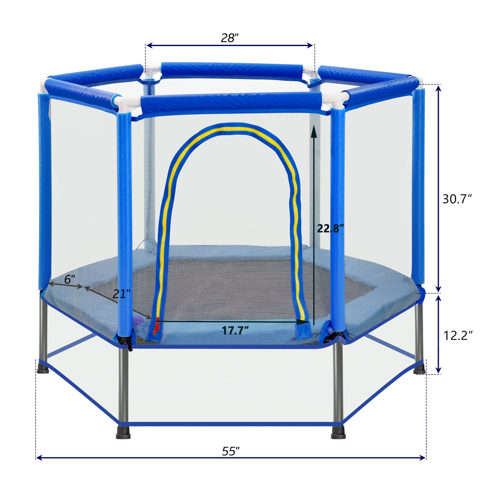 55'' Toddlers Trampoline With Safety Enclosure Net And Balls, Indoor Outdoor Mini Trampoline For Kids Blue Metal