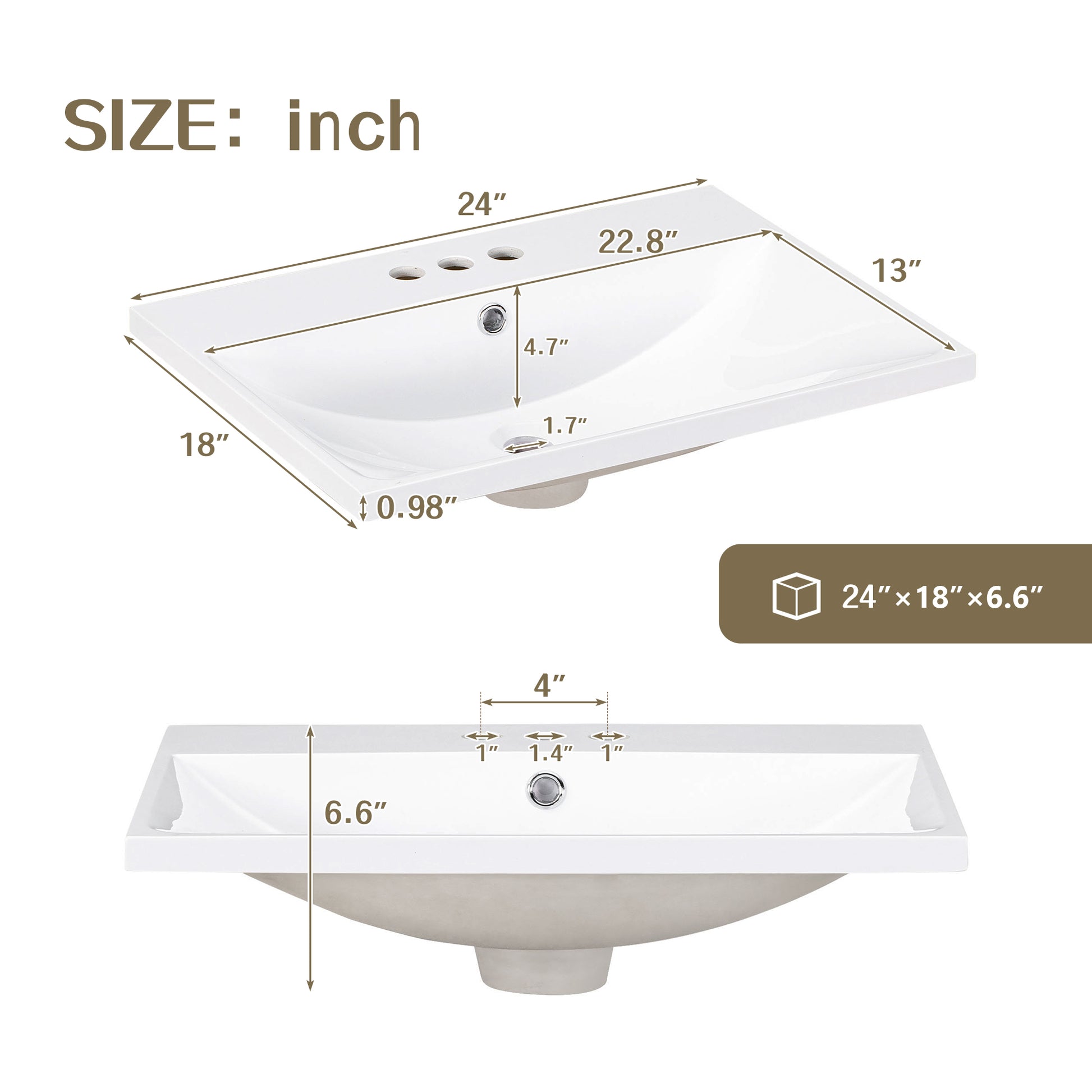 24" Single Bathroom Basin Sink, Vanity Top Only, 3 Faucet Holes, Resin White Bathroom Resin