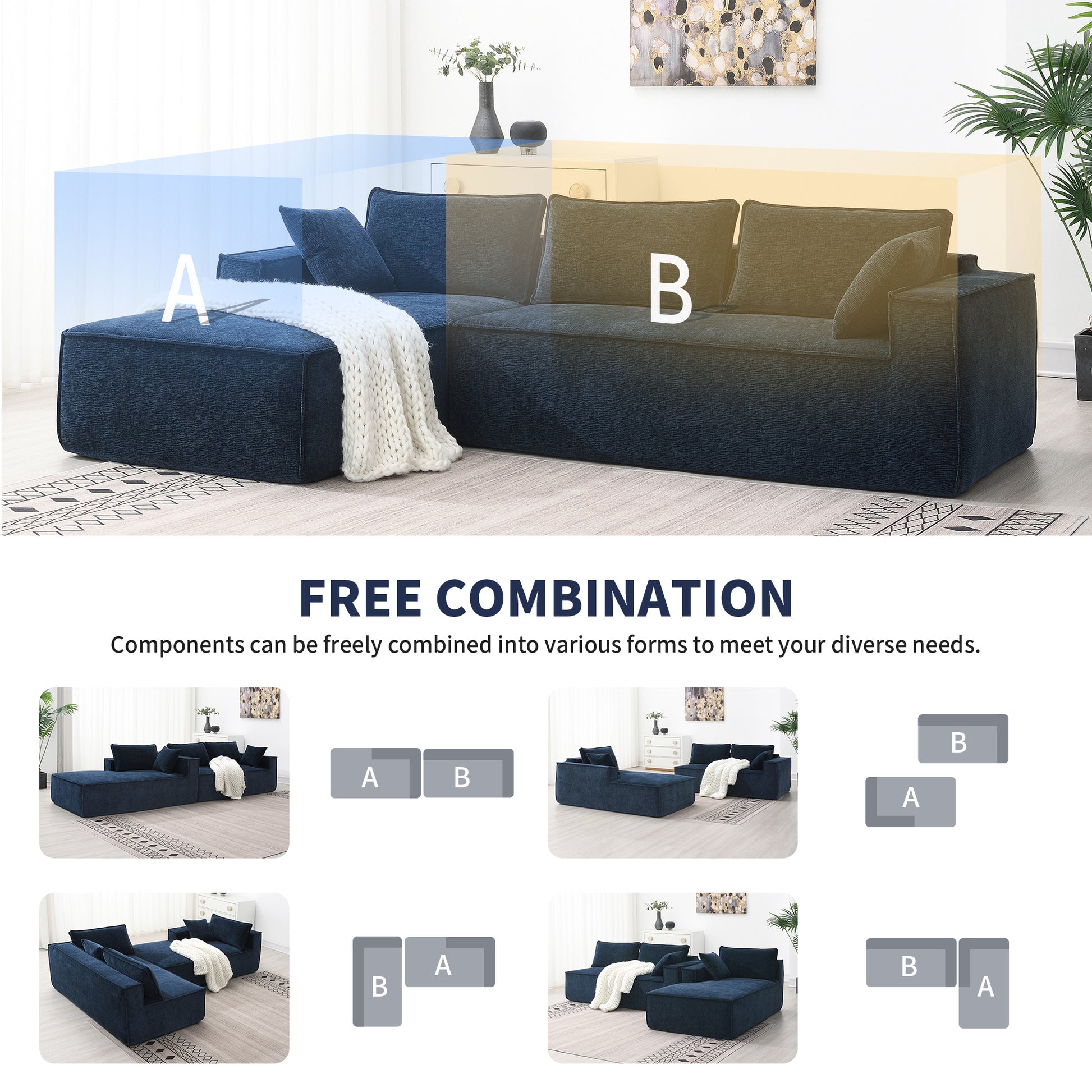 111.5*72"Minimalist Style Modular Sectional Sofa,Wrinkle Resistant Chenille Couch Set,L Shaped Sleeper Sofa Bed For Living Room,2 Pic Free Combination,No Assembly Require,3 Colors Dark Blue Chenille 4 Seat