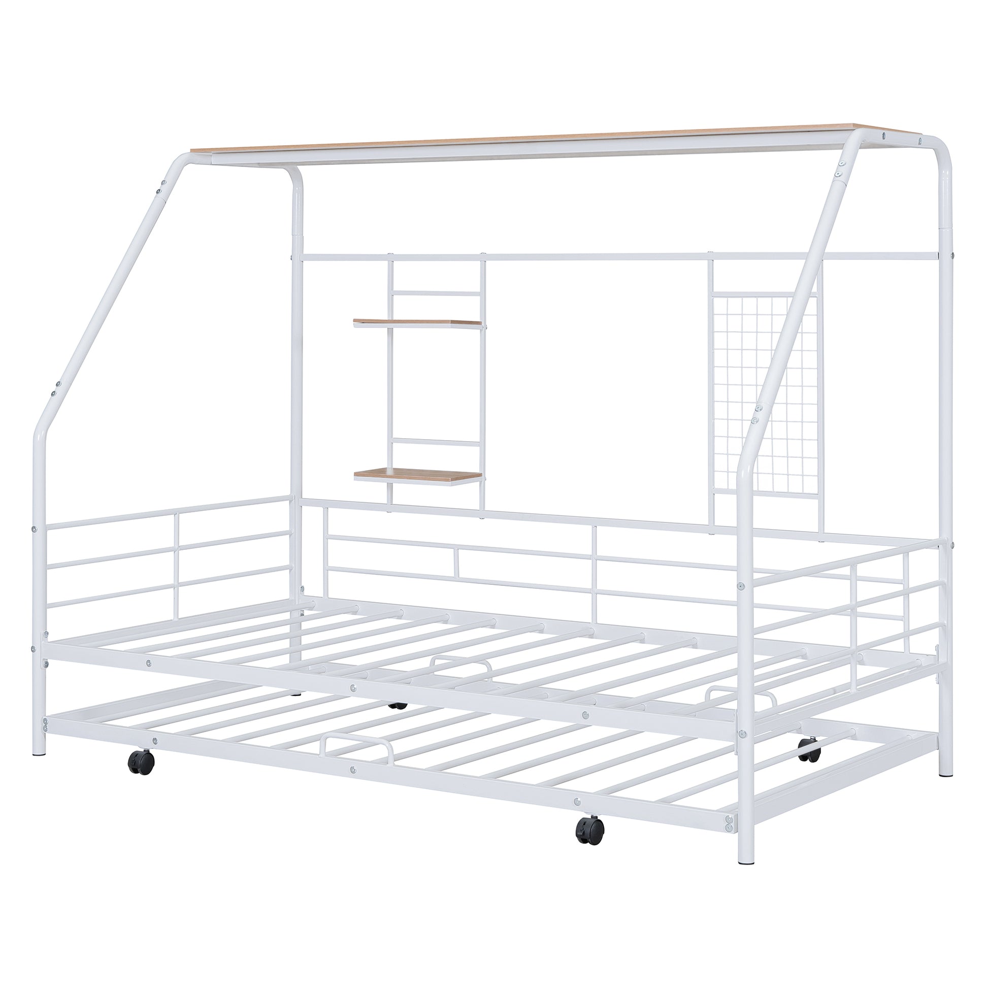 Twin Size Metal House Bed With Trundle, White Twin White Metal