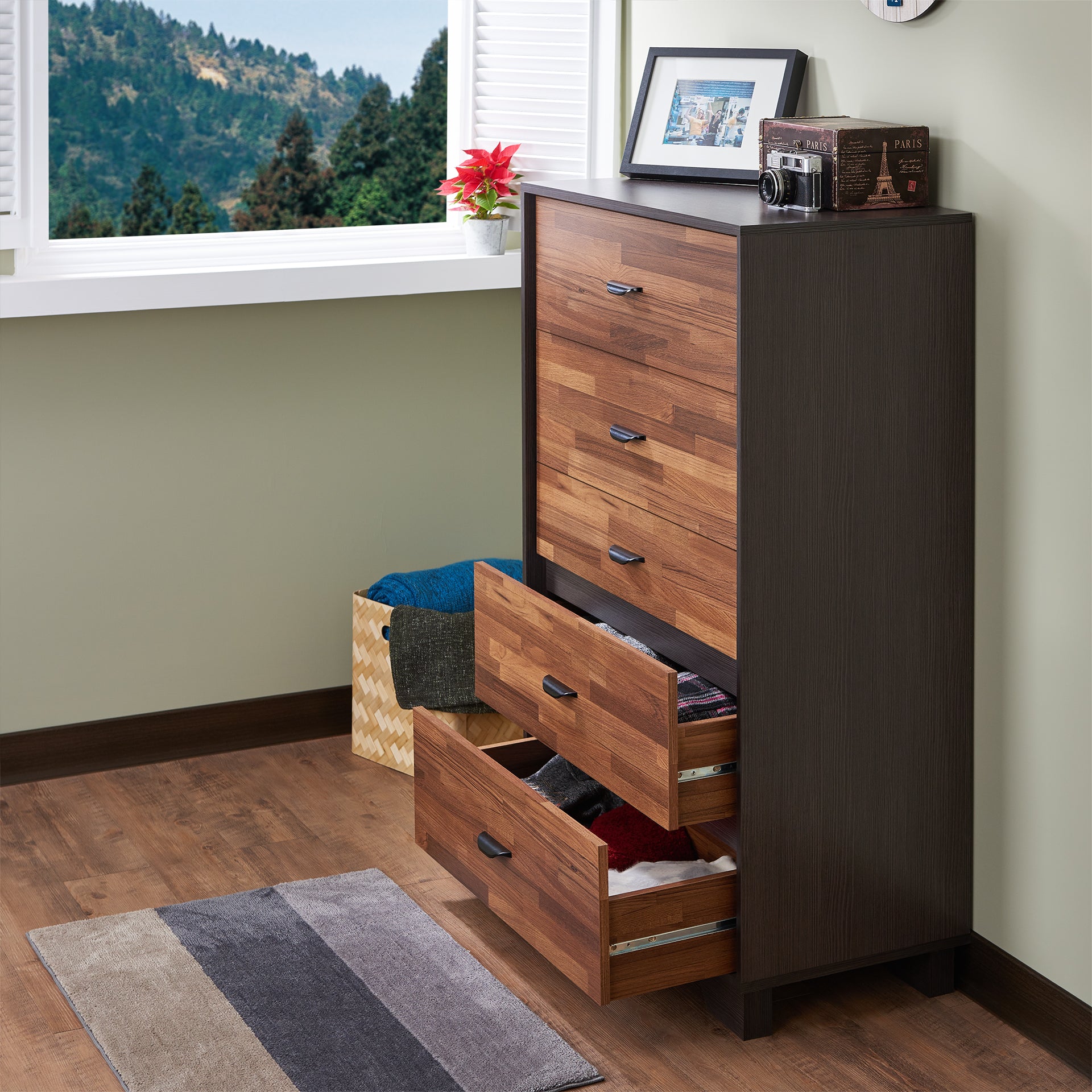 Walnut And Espresso 5 Drawer Chest Walnut Bedroom Contemporary Particle Board Mdf