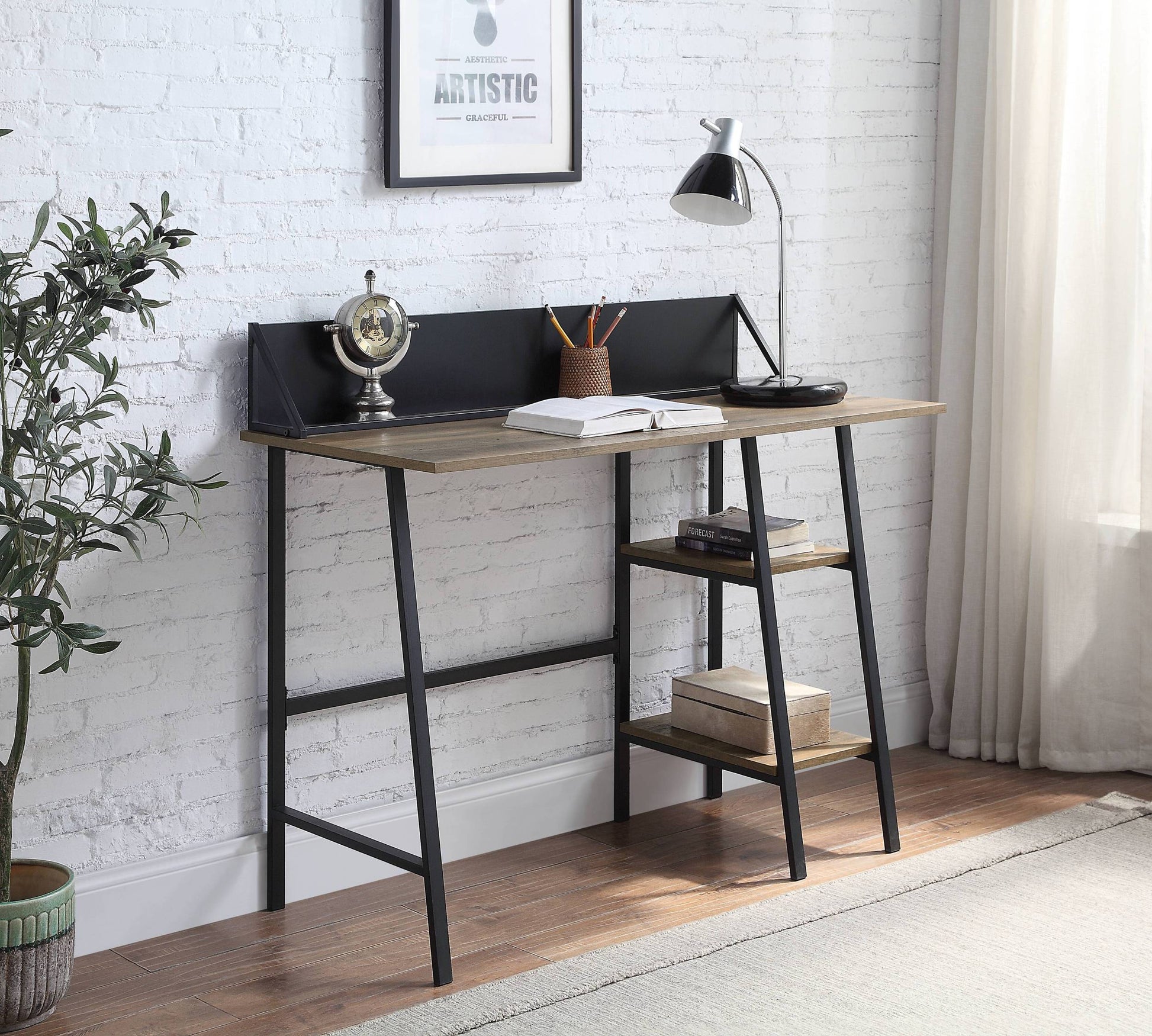 Garima Writing Desk, Rustic Oak & Black Finish Of00321 Black Mdf Metal