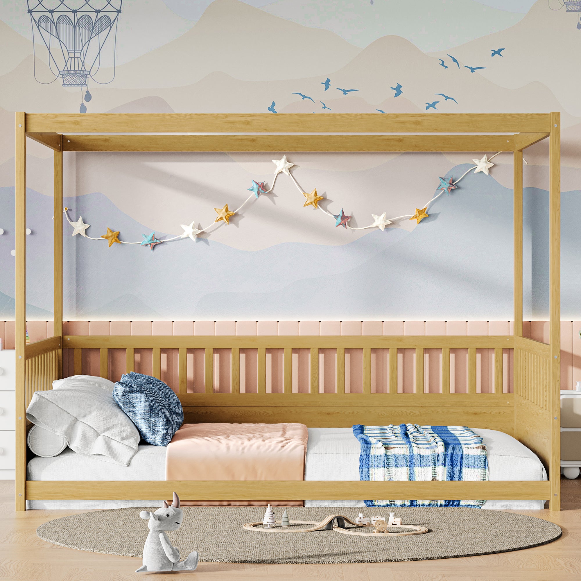 Full Size Canopy Bed Frame With Guardrails For Kids,Floor Bed Full With Four Poster Design,Kids Montessori Floor Bed,Wood Canopy Bed Frame For Girls,Boys Full,Natural Box Spring Required Full