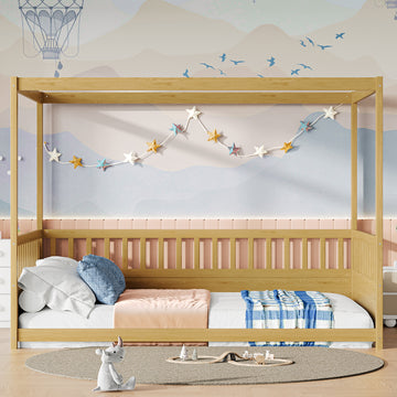 Full Size Canopy Bed Frame With Guardrails For Kids,Floor Bed Full With Four Poster Design,Kids Montessori Floor Bed,Wood Canopy Bed Frame For Girls,Boys Full,Natural Box Spring Required Full