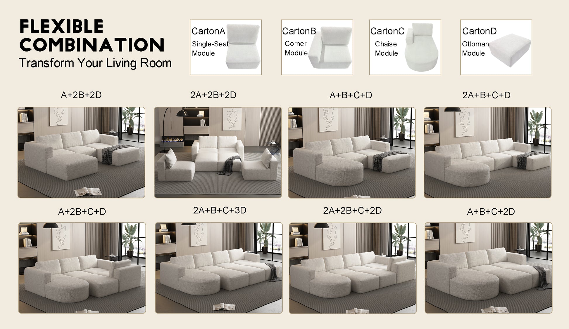 104.32*70.86 Modular Sectional Sofa Sleeper Couch, Sectional Sofa With Chaise And Ottoman, Convertible U Shaped Modular Sofa Set For Living Room, Bedroom. Memory Foam, White. Combo A B C D White Primary Living Space Soft Minimalist,Modern Memory Foam