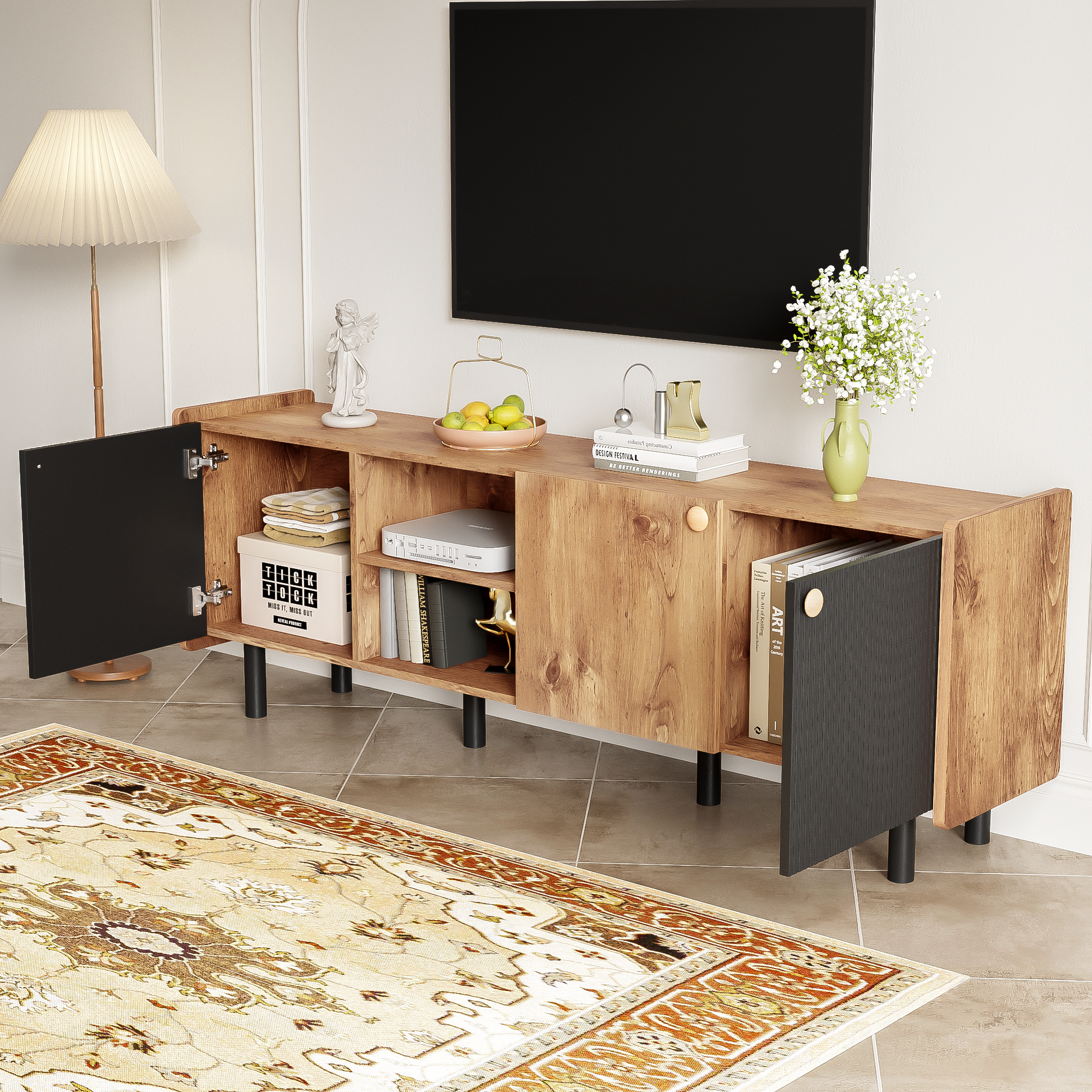 Mid Century Tv Stand With 3 Cabinets, Media Console Table For Tvs Up To 70'', Entertainment Center With Storage For Living Room, Bedroom, Home Theatre Black Brown Primary Living Space 60 69 Inches