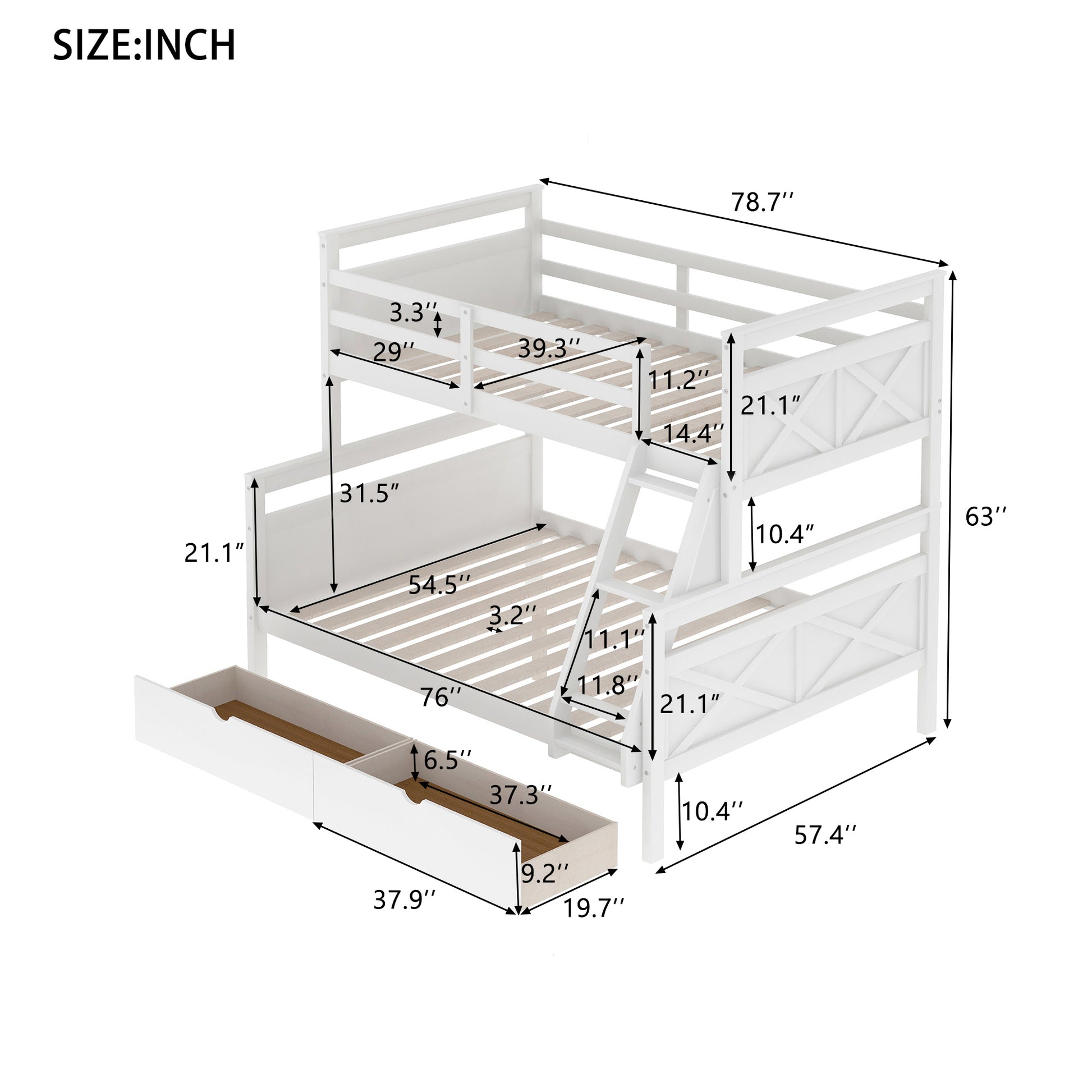 Twin Over Full Bunk Bed With Ladder, Two Storage Drawers, Safety Guardrail, White Twin Box Spring Not Required White Bedroom Bunk Pine