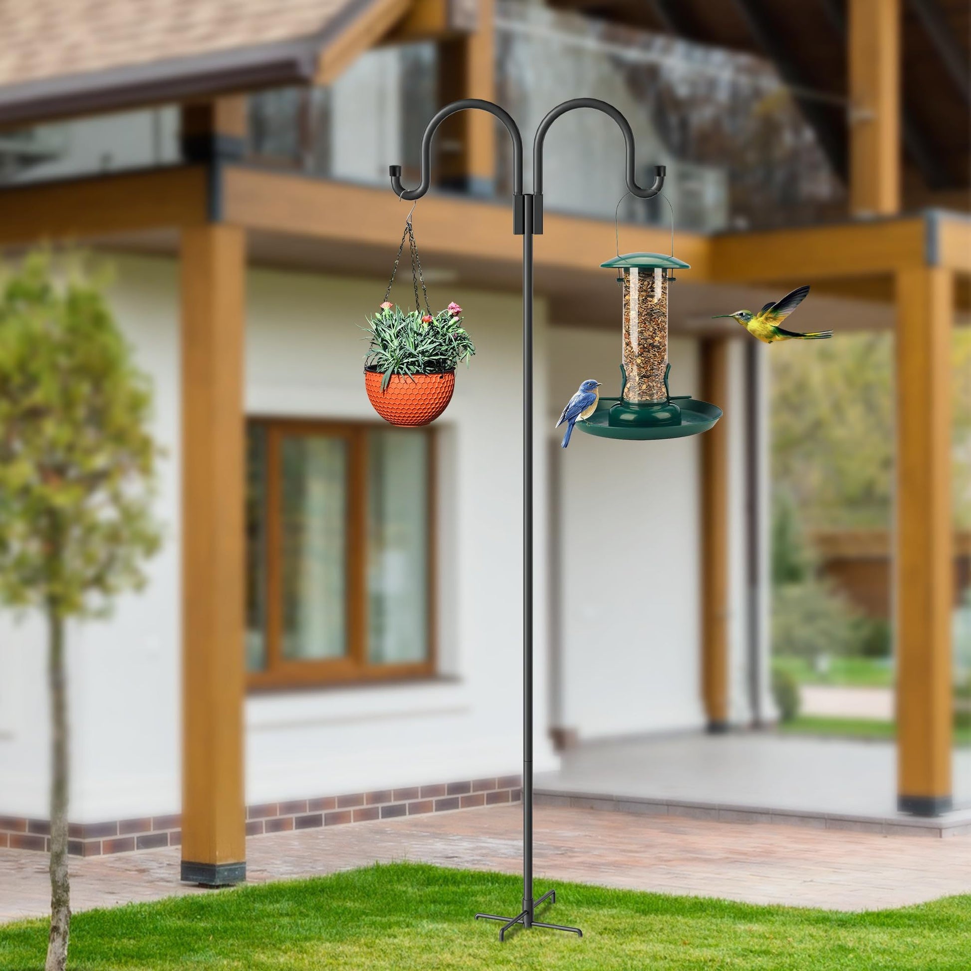 Double Shepherd Hooks For Outdoor, 79 Inch Heavy Duty Bird Feeder Pole For Hanging Bird Feeder, Garden Hooks Plant Baskets, Garden Plant Hanger Stands With 5 Prong Base Black Metal