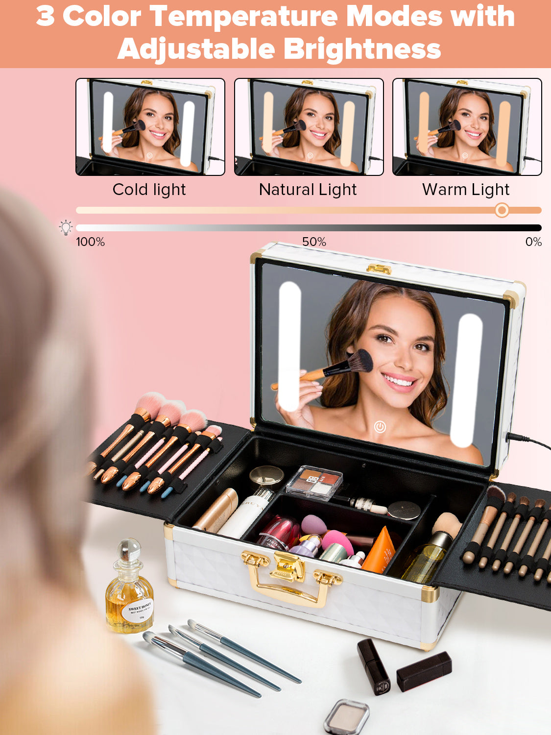 Portable Makeup Case With Led Mirror Travel Makeup Bag Cosmetic Organizer Box With Locks, Brush Holder, Dividers, Rechargeable, White White Aluminium Alloy