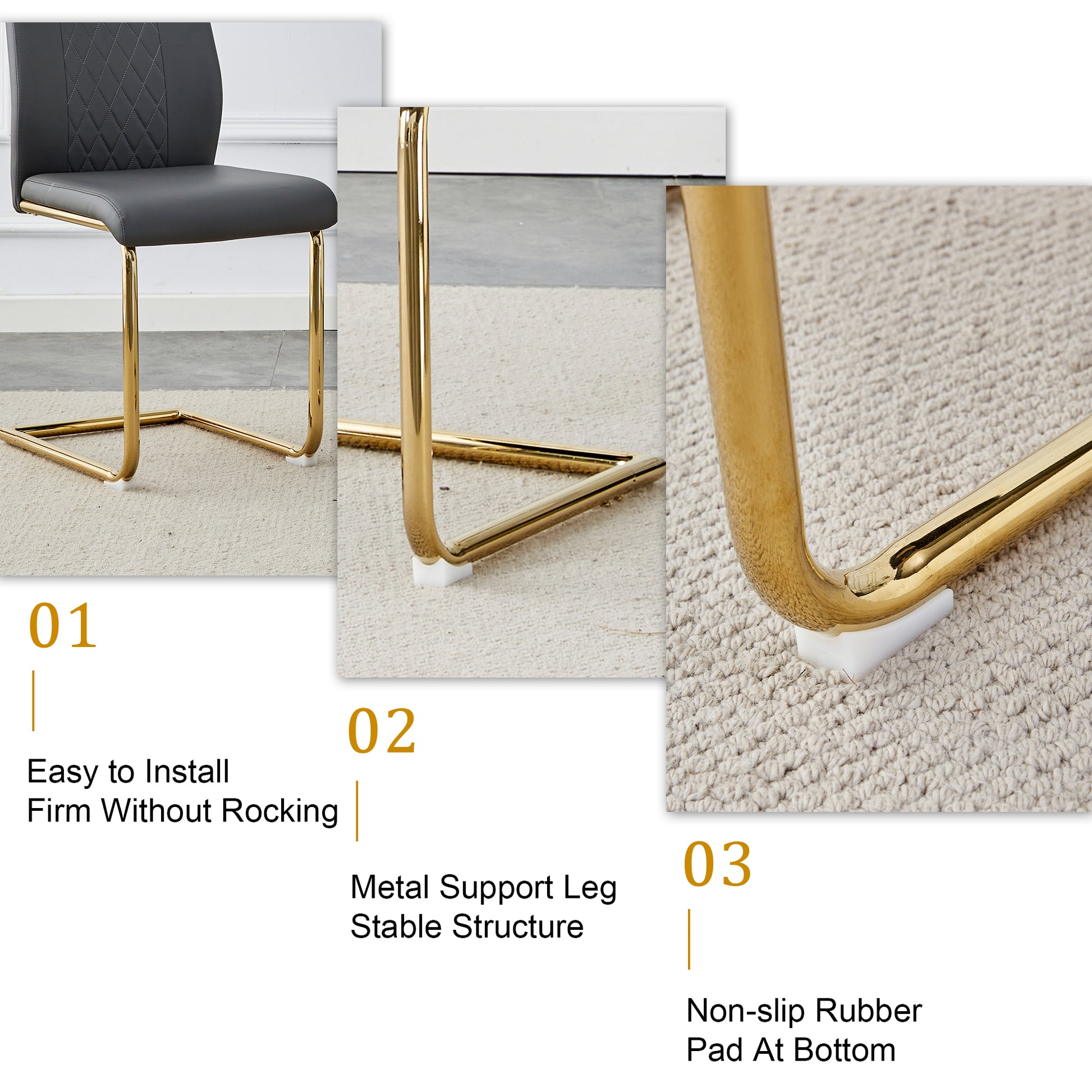 Table And Chair Set.Modern Rectangular Dining Table With Transparent Tempered Glass Tabletop And Gold Plated Metal Legs.Paried With 6 Comfortable Chairs With Pu Seats And Golden Metal Legs. Grey Gold,Transparent Seats 6 Glass Metal
