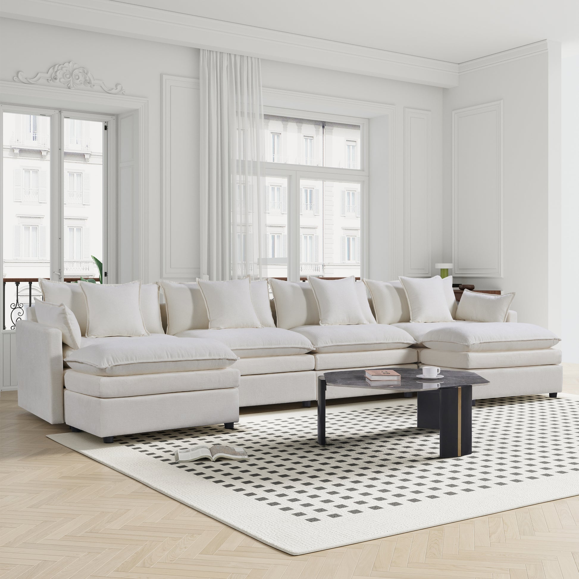 142.52"Modern Chenille U Shaped Sectional Sofa With Convertible Chaise, Comfy Cloud Couch Deep Sectional Sofa With Ottomans For Living Room White Wood Foam Chenille 4 Seat