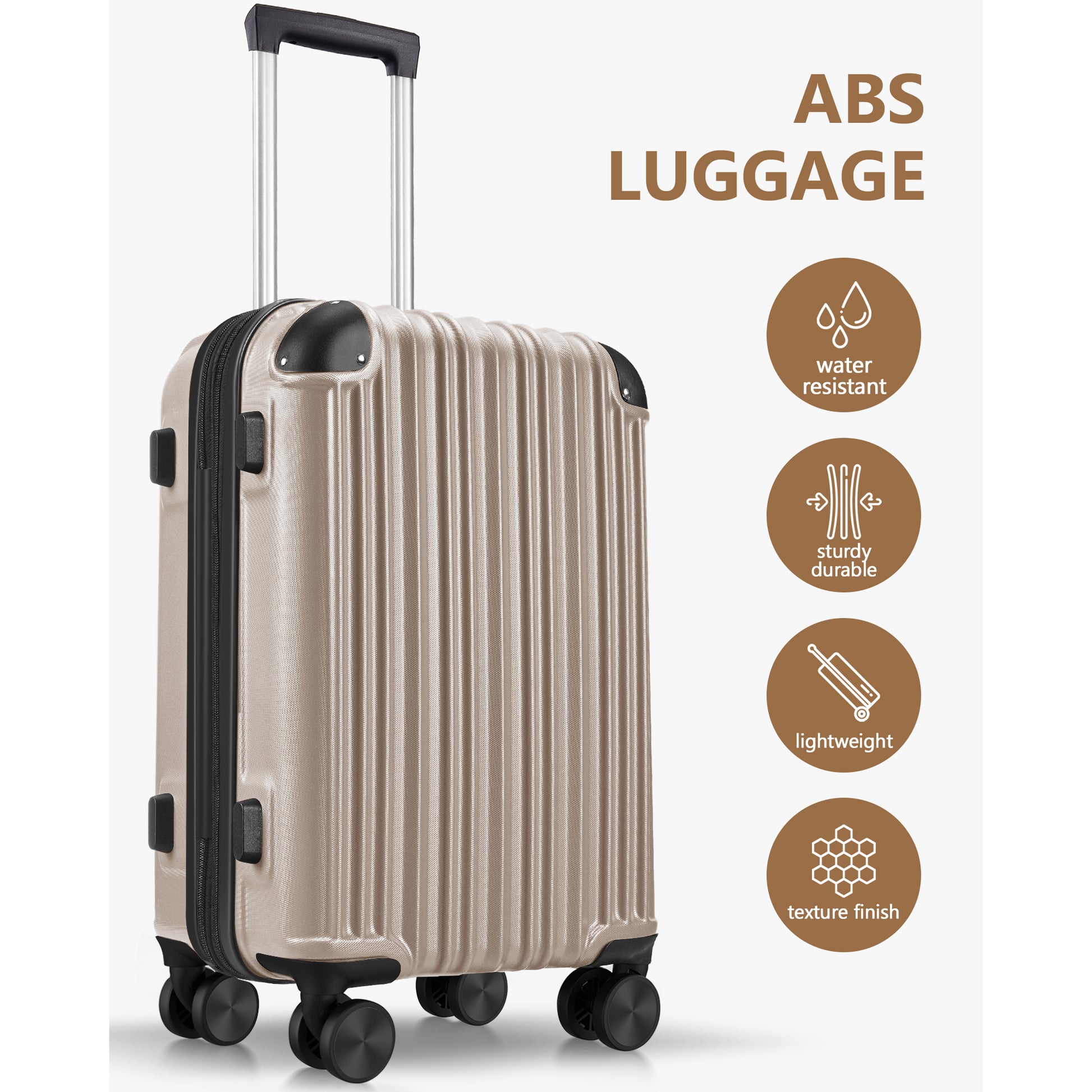 3 Piece Luggage Set With Tsa Lock & Double Spinner Wheels, Expandable Design For Large Storage,Champagne Black Abs