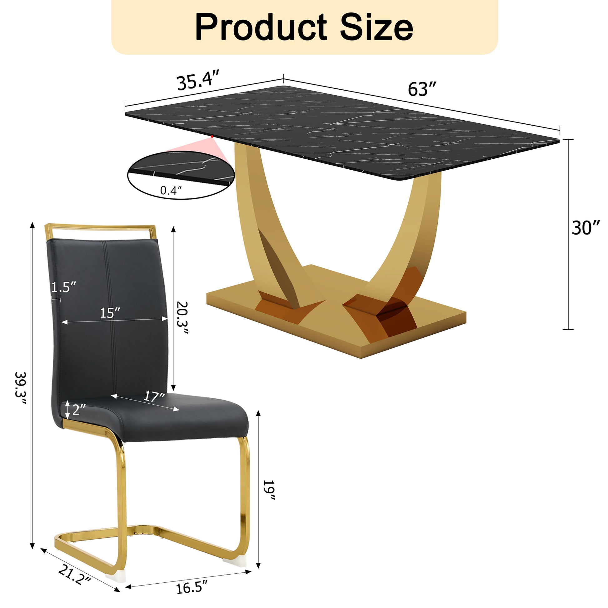 Table And Chair Set.Modern Rectangular Dining Table With Black Textured Stickers Glass Tabletop And Gold Plated Metal Legs.Paried With 4 Comfortable Chairs With Pu Seats And Golden Metal Legs. Black Gold Seats 4 Glass Metal