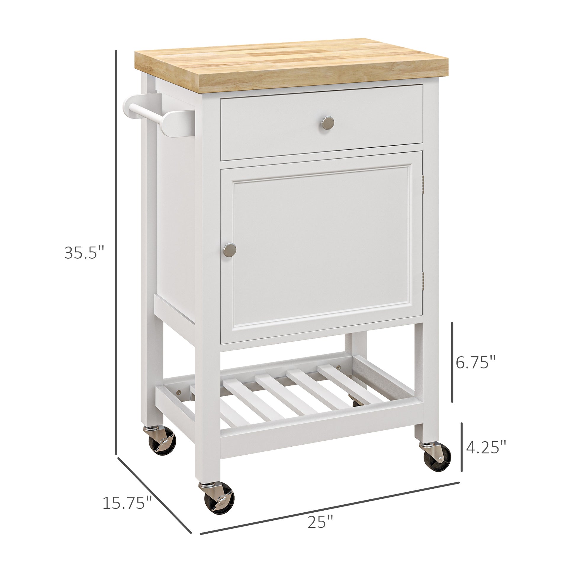 Homcom Utility Kitchen Cart, Rolling Kitchen Island With Smooth Rubberwood Top, Narrow Butcher Block Surface On Wheels With Storage Drawer & Cabinet, White White Engineered Wood