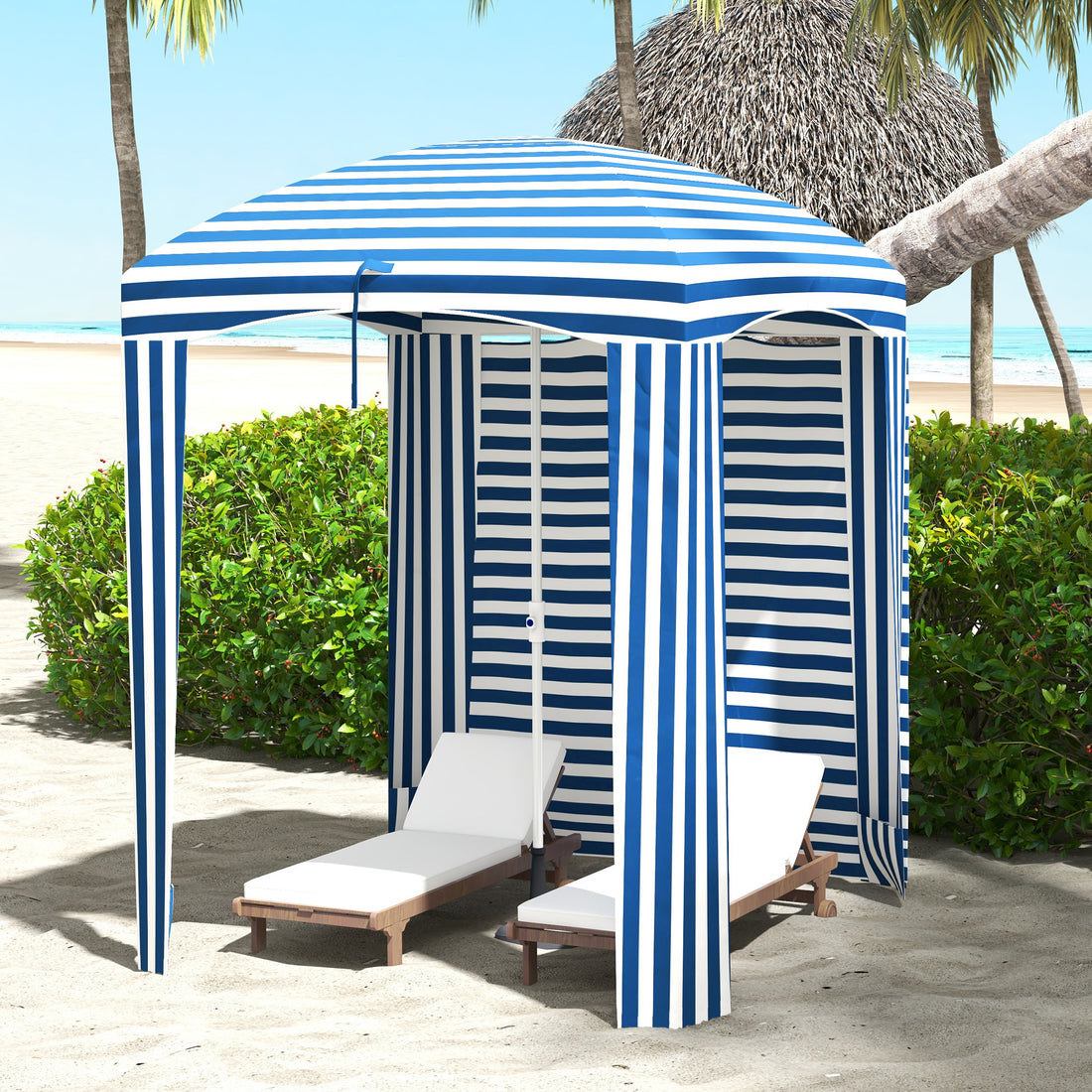 Outsunny 5.9' X 5.9' Portable Beach Umbrella, Ruffled Outdoor Cabana With Walls, Vents, Sandbags, Carry Bag, Blue & White Stripe Multicolor Polyester