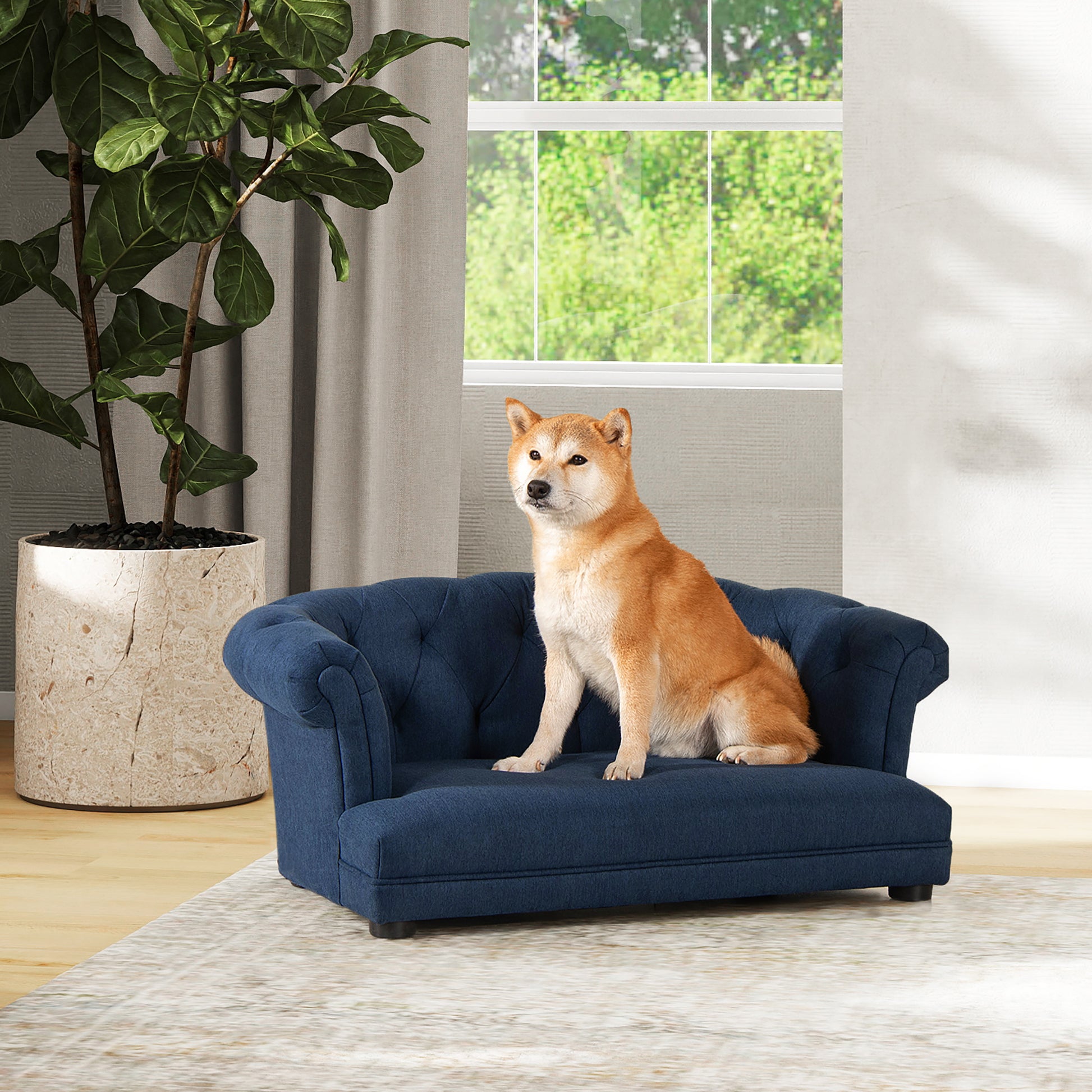 Kiki 36.5" Chesterfield Dog Sofa Bed, Medium, Pacific Blue Stain Resistant High Performance Polyester Blue Foam Polyester