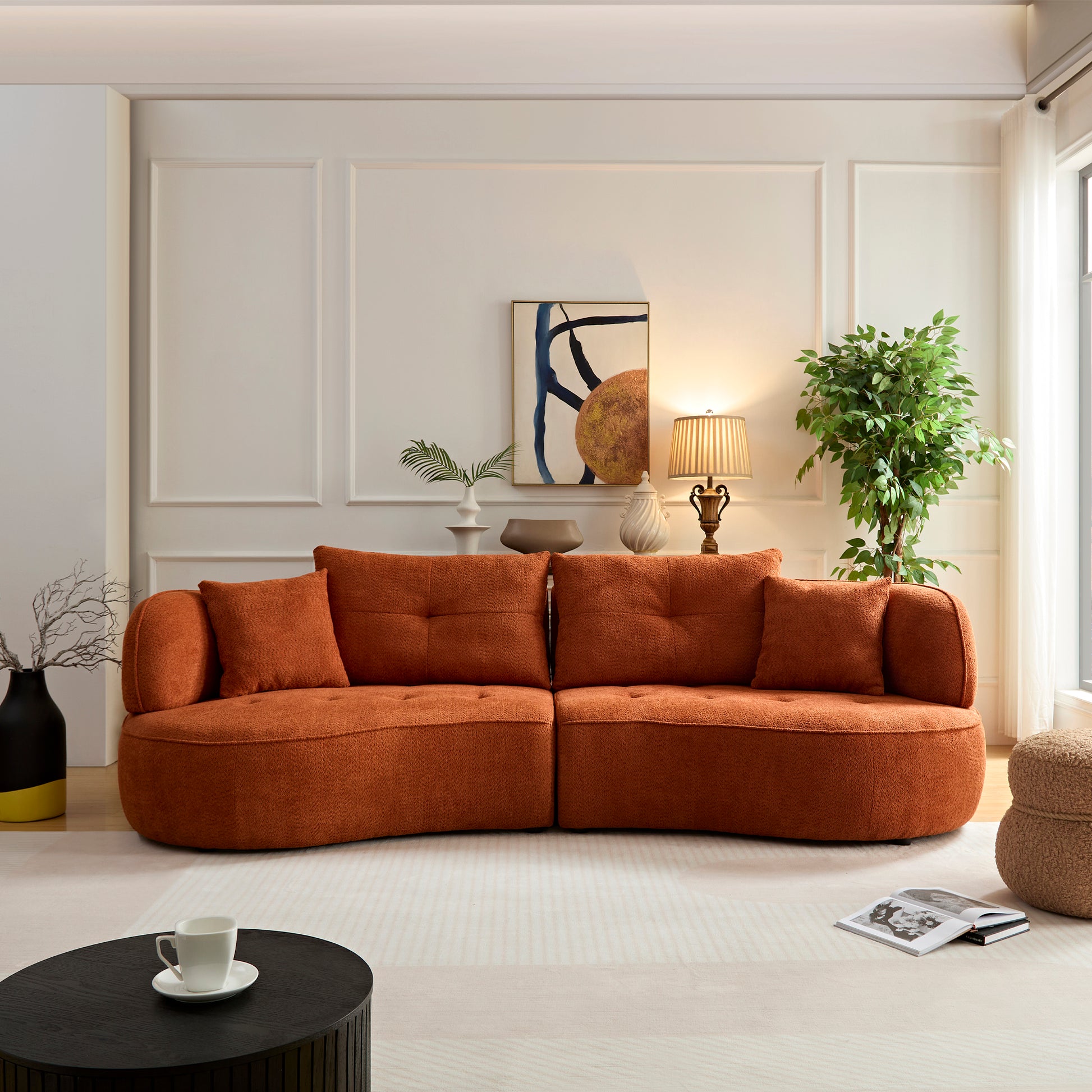 Wks7C Orange Sectional Sofa With Removable Pillows, Durable Fabric, Solid Wood Frame, High Density Sponge Filler Orange Fabric 4 Seat