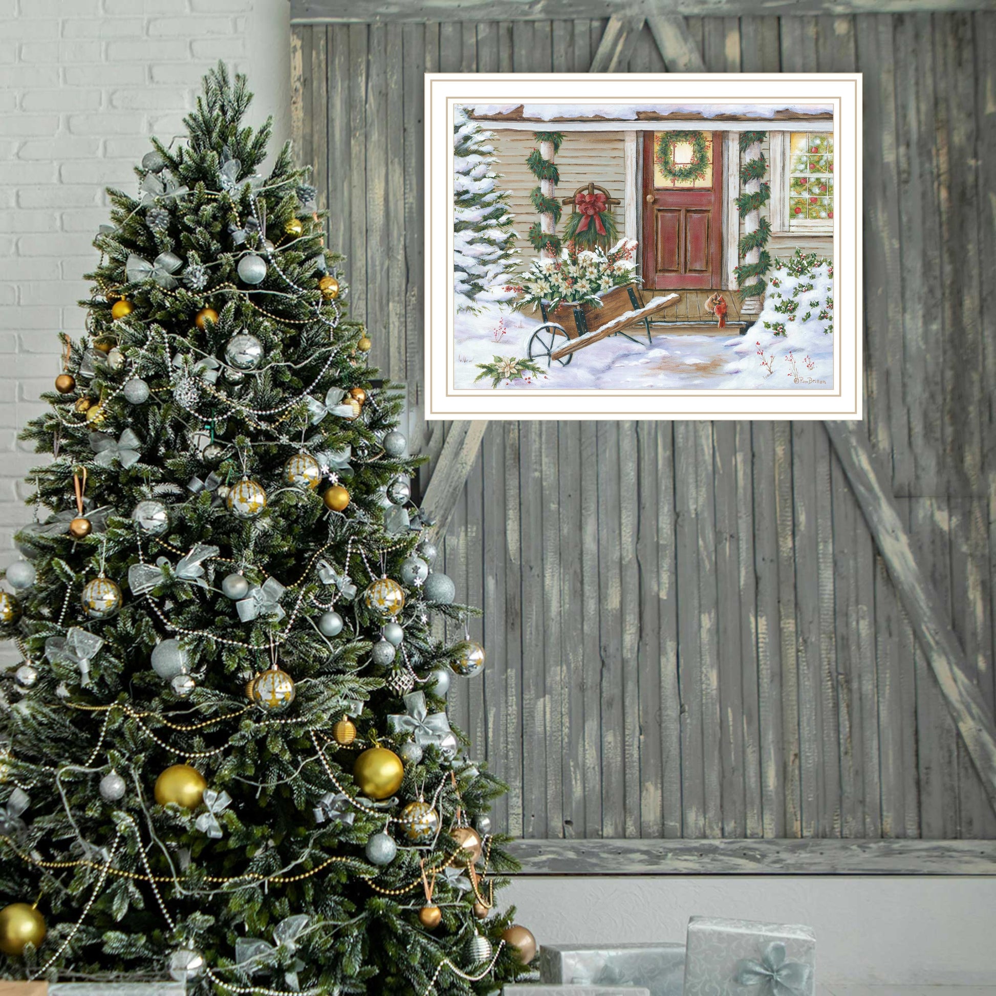 Holiday Porch White Framed Wall Art For Living Room, Farmhouse Wall Art Print For Home Decor, Bedroom Wall Art By Pam Britton Multicolor Wood Paper