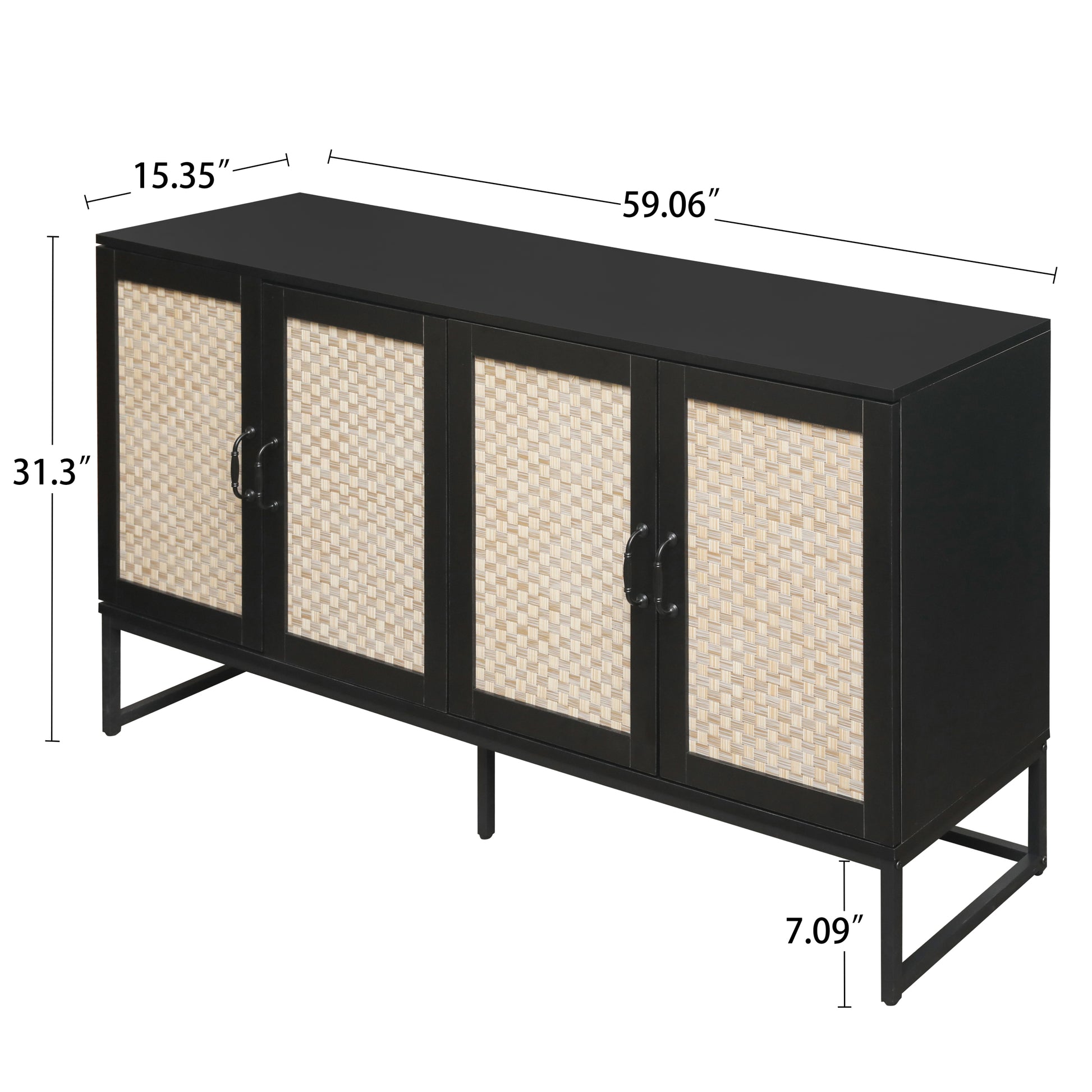 Rattan 4 Door Sideboardsideboard Buffet Storage Cabinet,Accent Storage Cabinetlarge Cabinet With 4 Rattan Decorated Doors For Living Room Dining Room Black Modern Particle Board Mdf