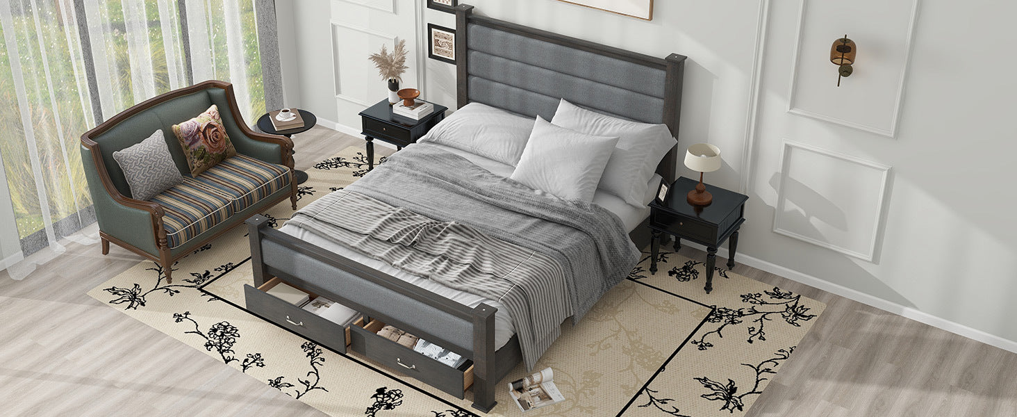 Queen Size Wood Frame Platform Bed With Upholstered Headboard, Footboard And 2 Drawers, Antique Gray Box Spring Not Required Queen Antique Gray Wood Bed Frame Solid Wood Mdf