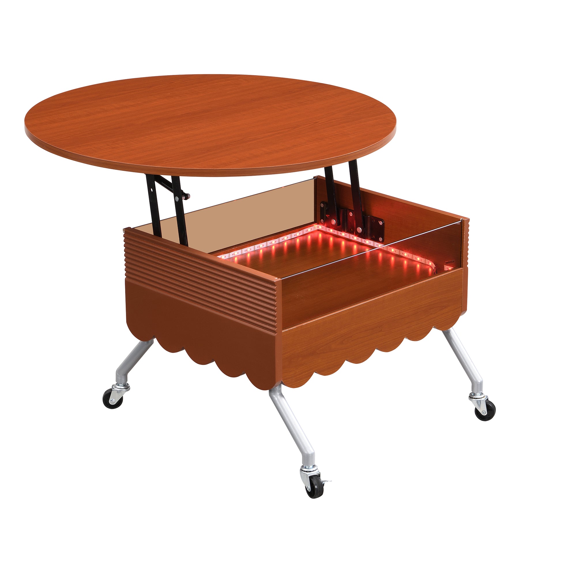 Round Lift Top Coffee Table With Wheels, Metal Frame And Multi Color Lighting In 27.6" Mahogany Glass,Mdf Metal