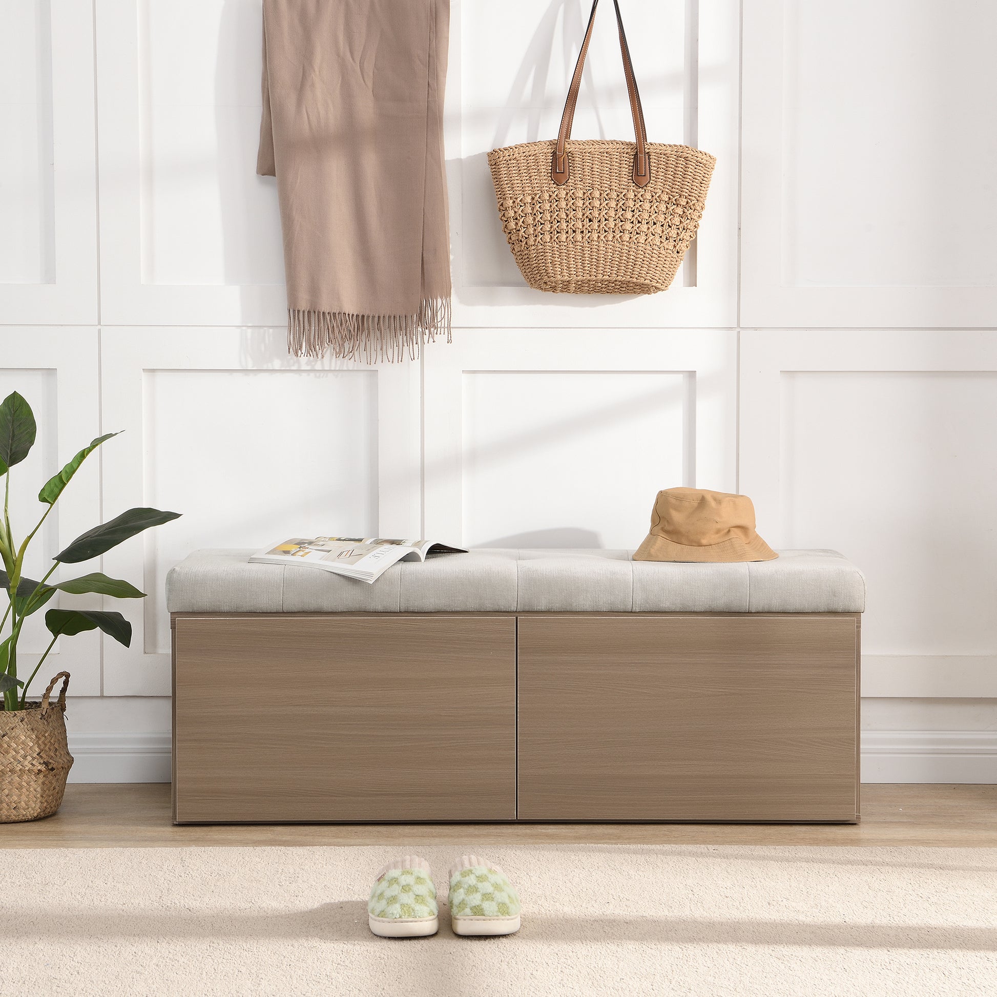 49" Shoe Storage Bench Entryway Shoe Cabinet Storage Ottoman With Padded Seat Cushion And Double Doors For Entryway, Hallway And Bedroom, Light Grey Cushioned Light Grey Chenille Solid Shoe Storage