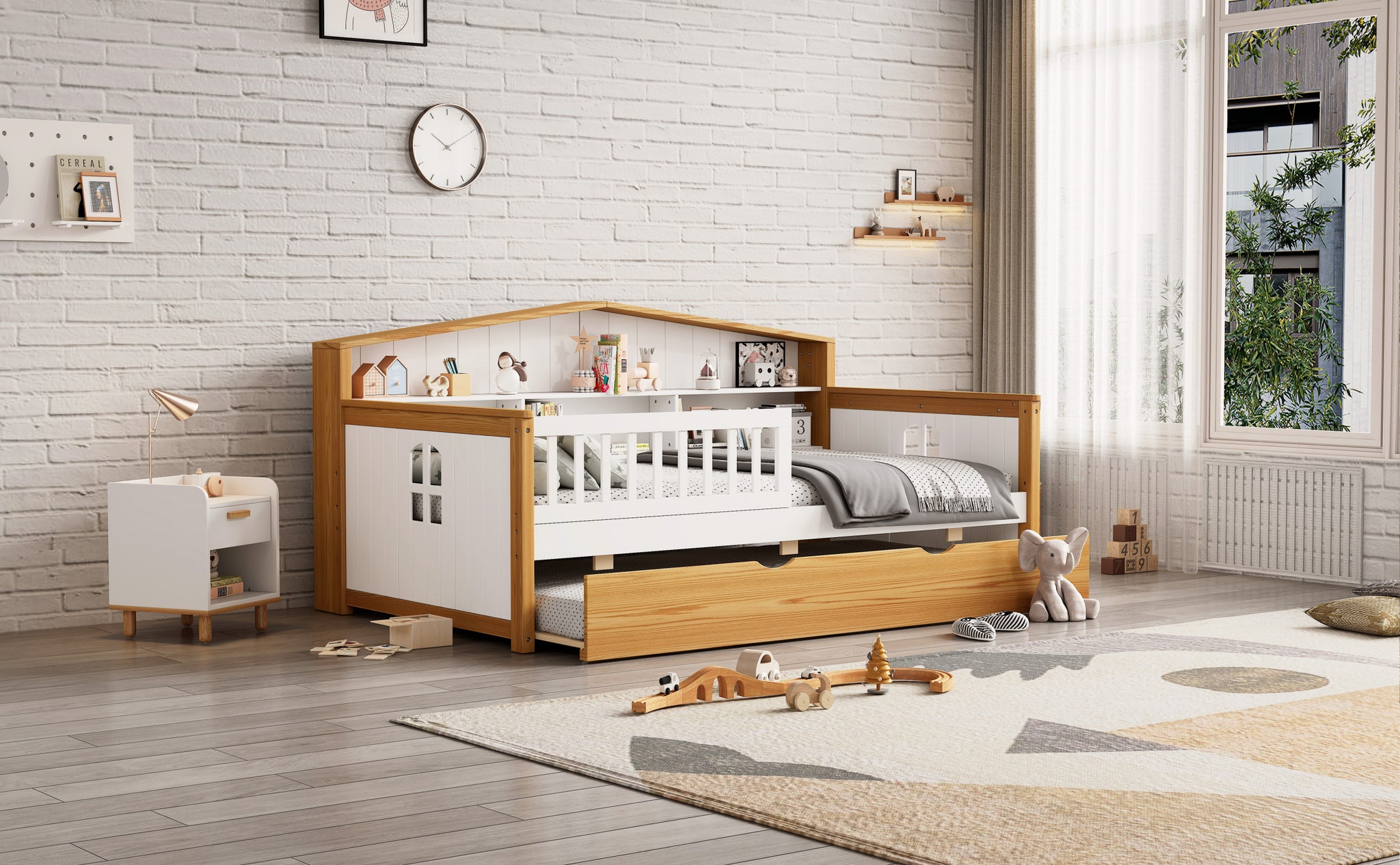 Twin Size House Shape Daybed With Trundle And Bookcase Headboard Wooden Bed For Girls Boys Teens, No Box Spring Needed, Walnut And White Box Spring Not Required Twin White Walnut Wood Bedroom Cute Pine Bed Frame Wood